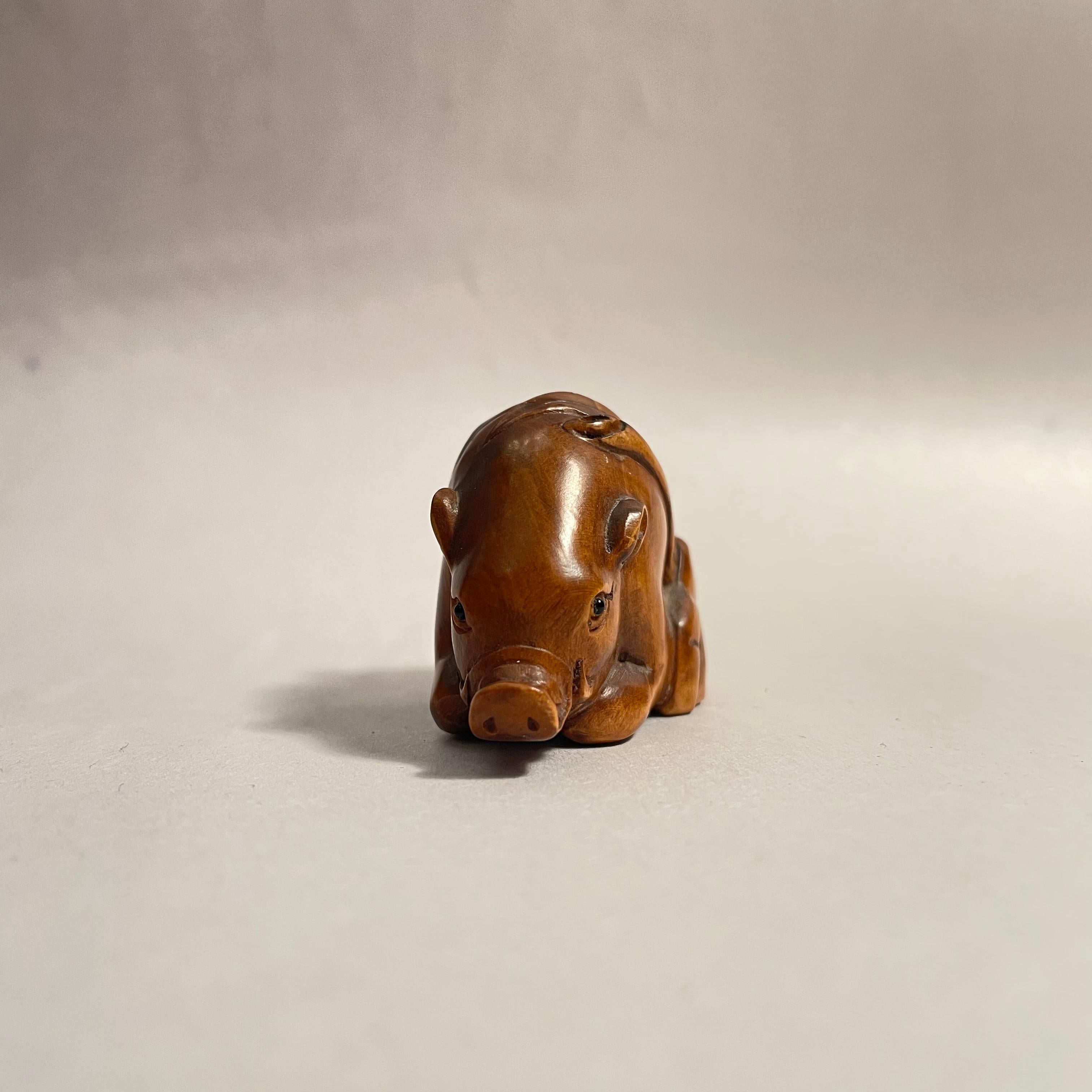 Mid-20th Century Antique Japanese Wooden Netsuke Wild Boar 1950s by artist Tomotada For Sale