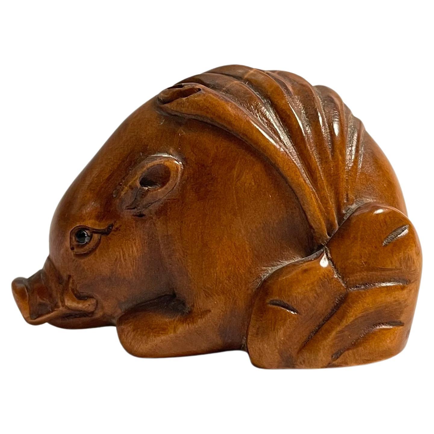Antike japanische Holz-Netsuke Wildschwein 1950er Jahre von Künstler Tomotada