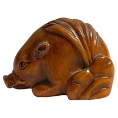 Antike japanische Holz-Netsuke Wildschwein 1950er Jahre von Künstler Tomotada