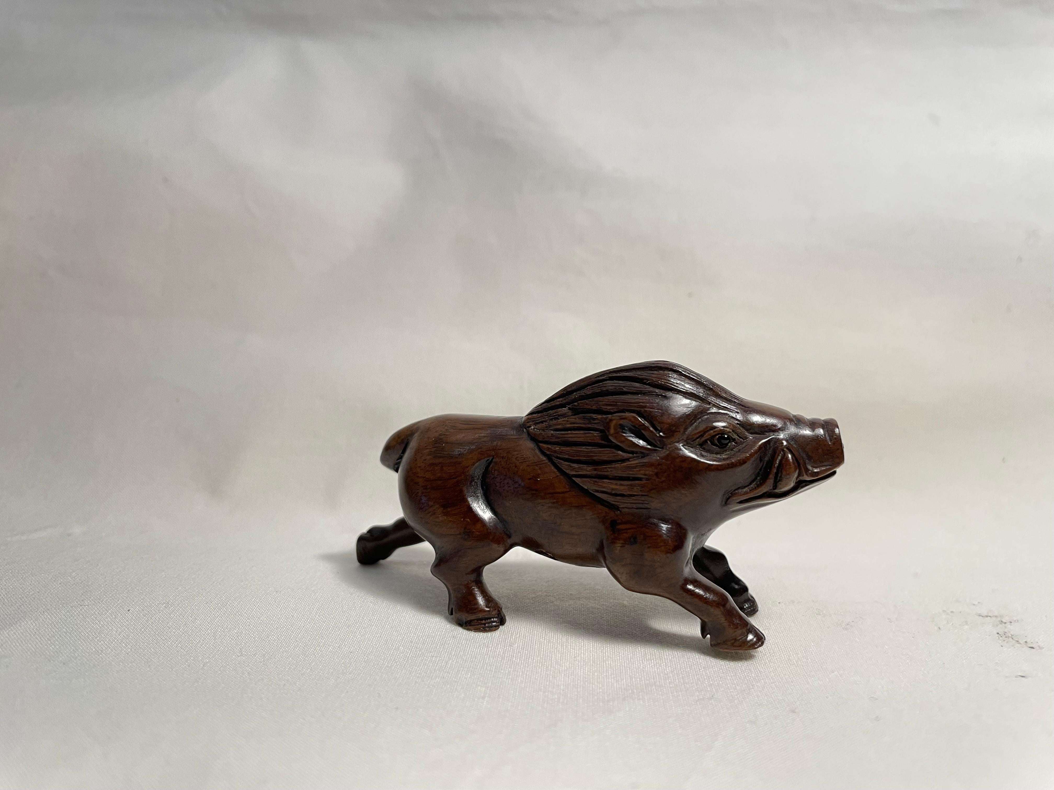 Hand-Carved Antique Japanese Wooden Netsuke 'Wild Boar' 1960s For Sale