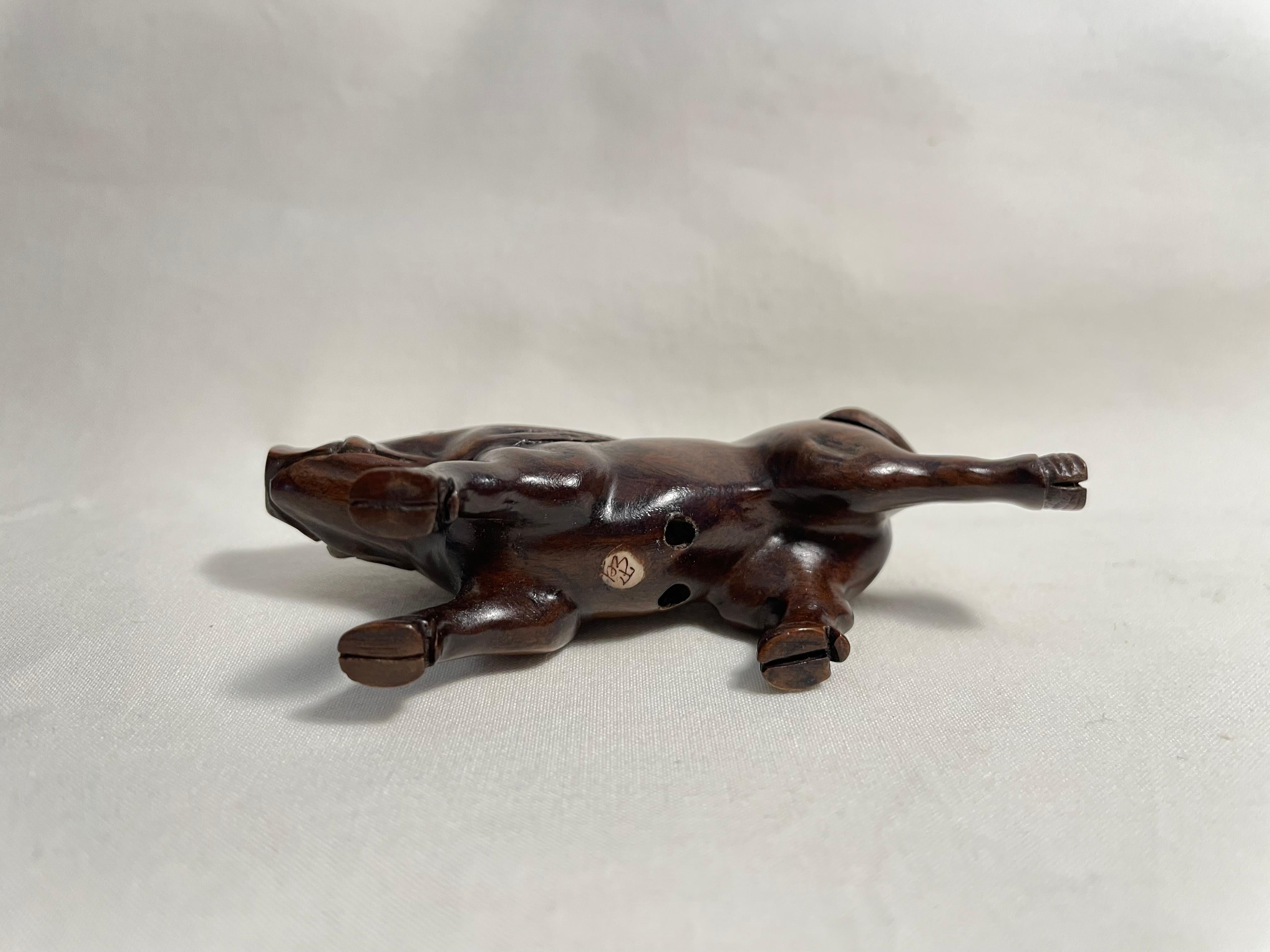 20th Century Antique Japanese Wooden Netsuke 'Wild Boar' 1960s For Sale
