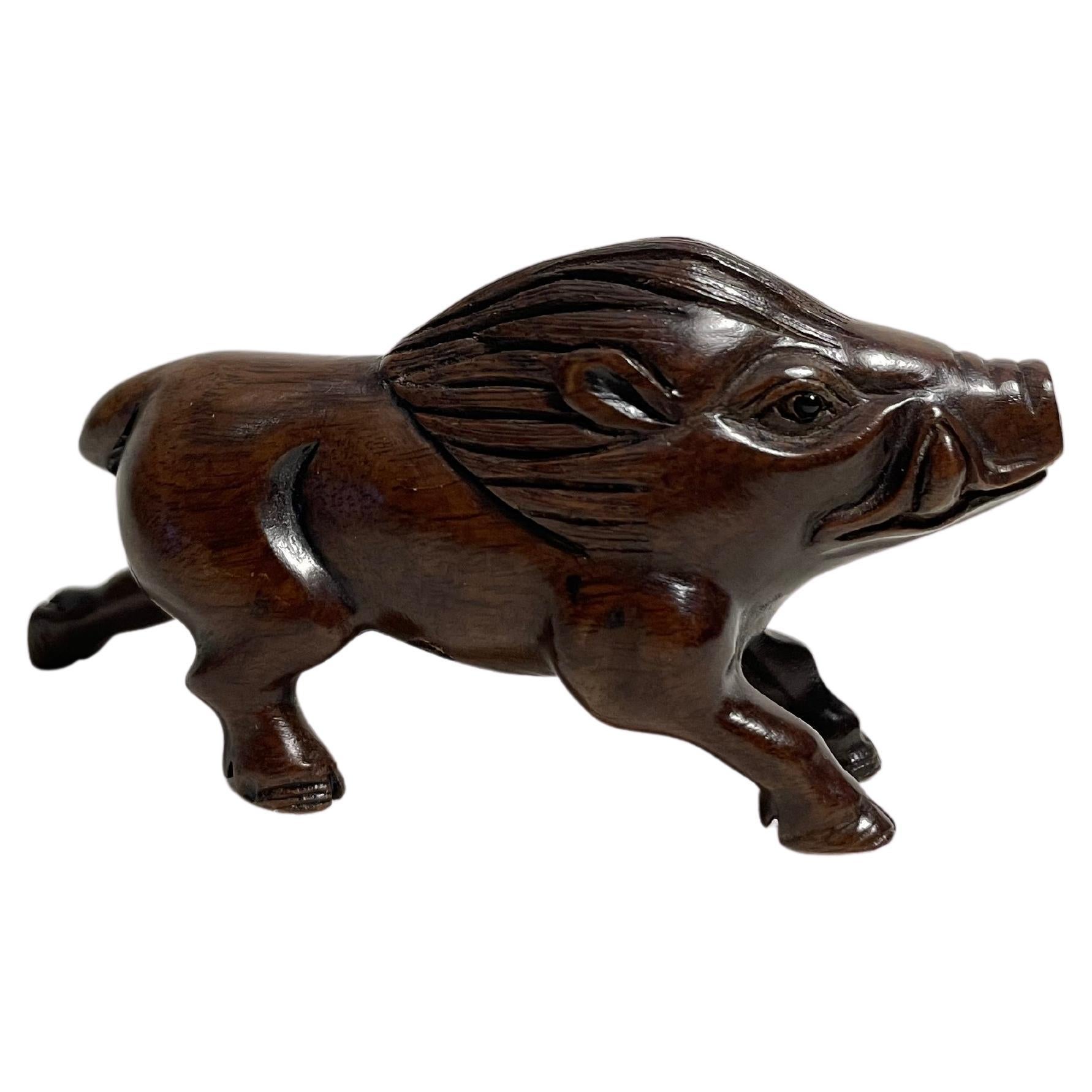 Antique Japanese Wooden Netsuke 'Wild Boar' 1960s For Sale