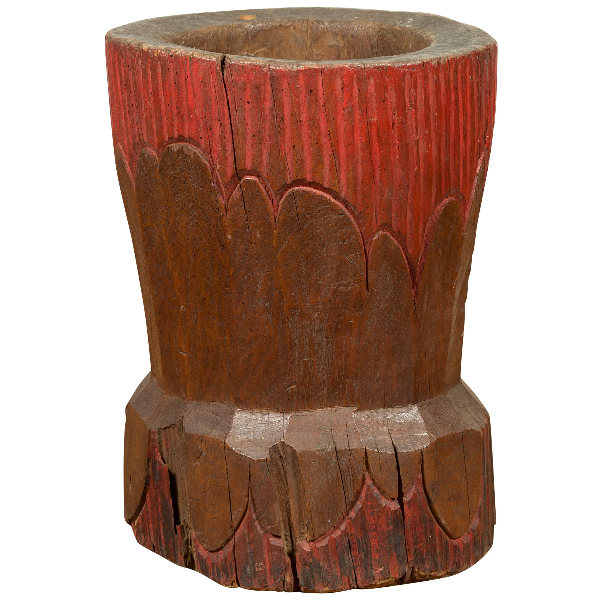 Antique Japanese Wooden Planter with Rustic Appearance and Red Patina For Sale