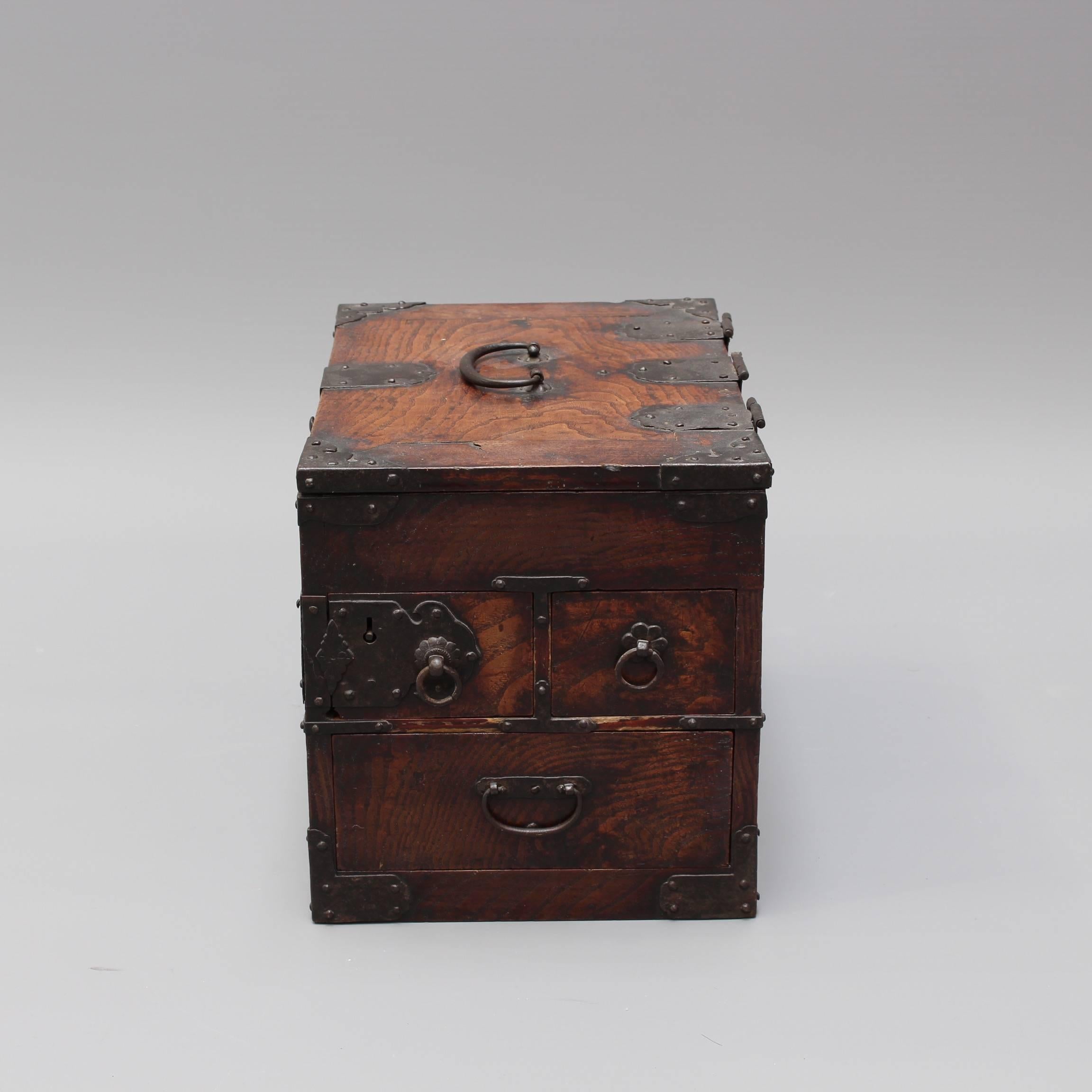 Metal Antique Japanese Wooden Writing Box with Decorative Hardware 'Meiji Era'