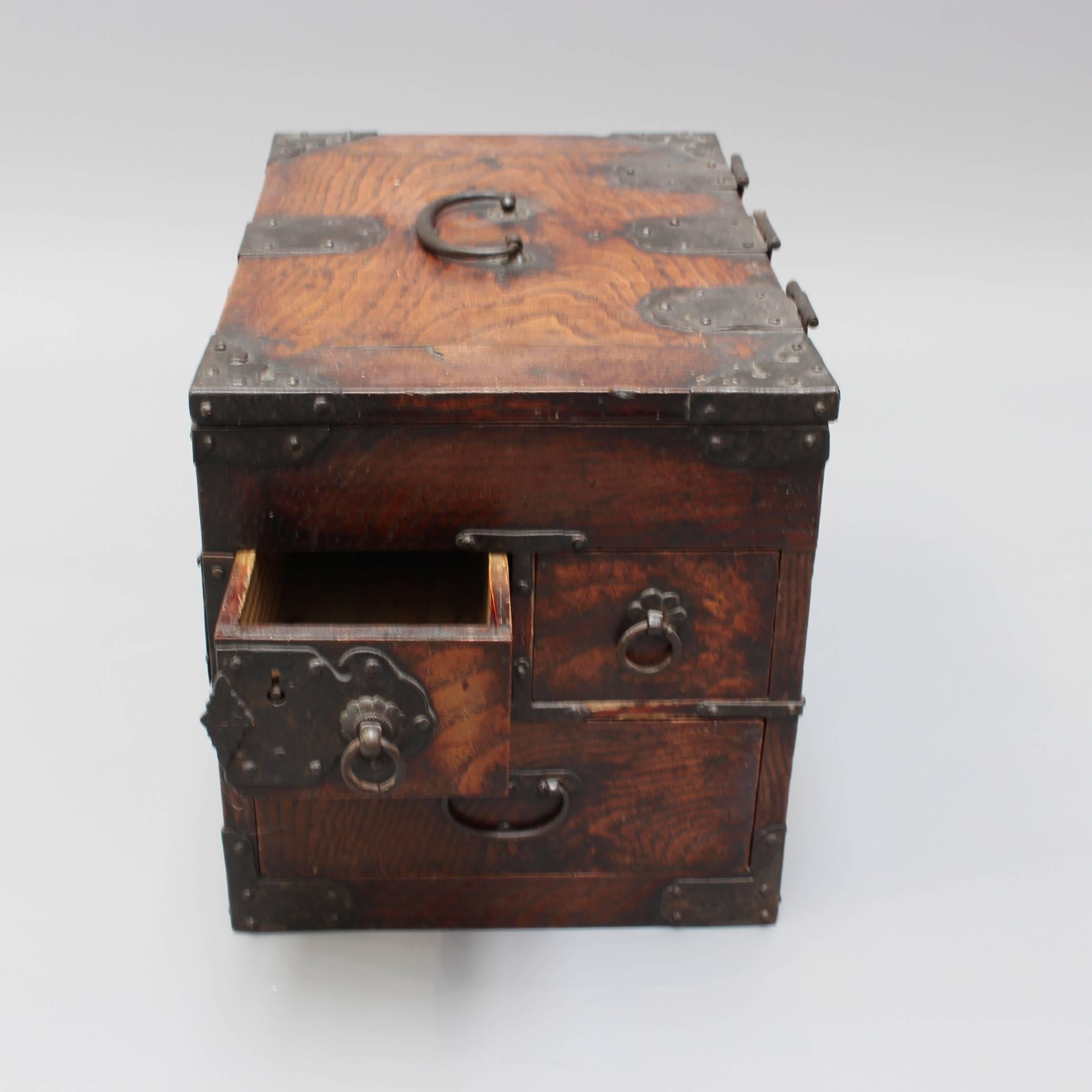 Antique Japanese Wooden Writing Box with Decorative Hardware 'Meiji Era' 1