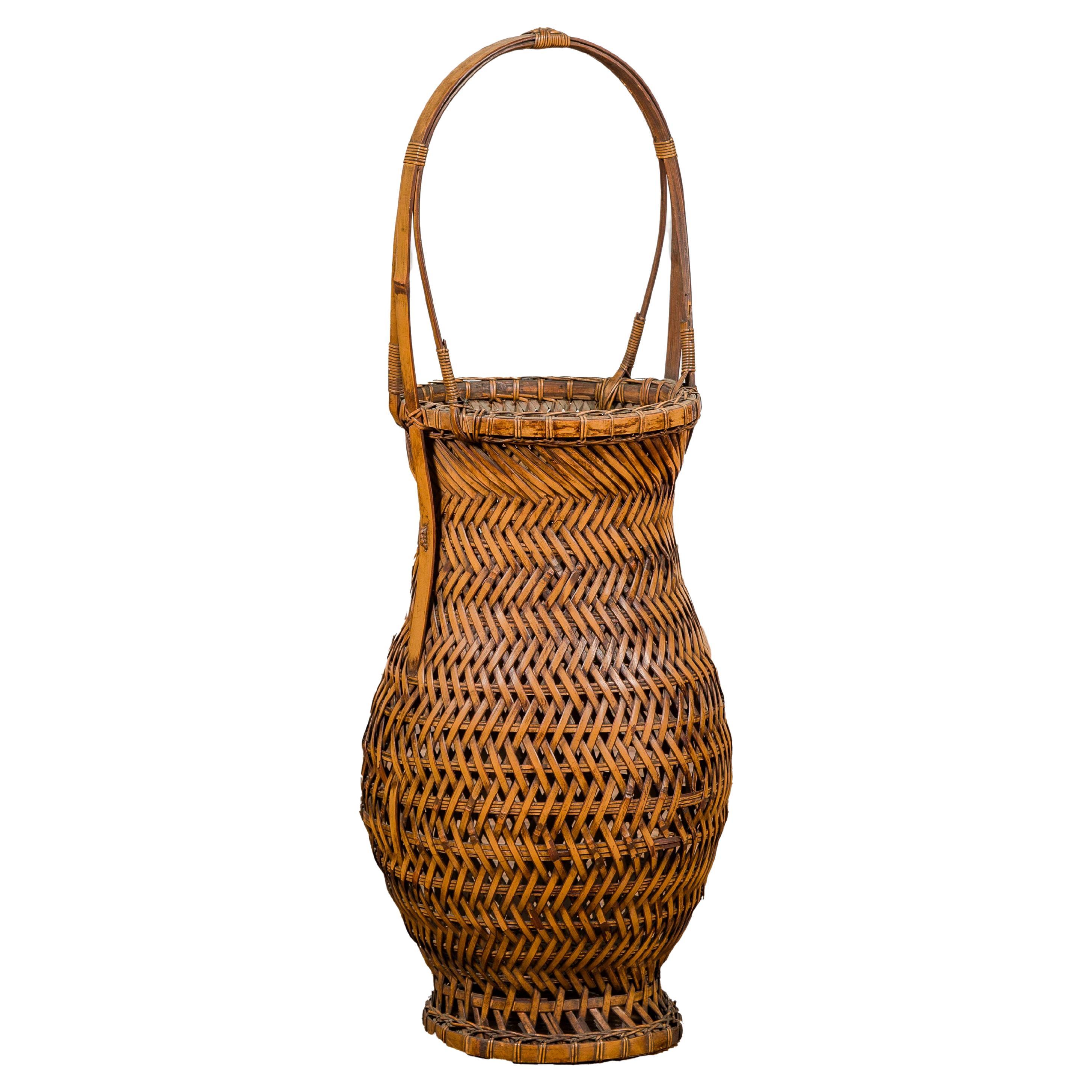 Antique Japanese Woven Bamboo Ikebana Basket with Large Handle, circa 1900 For Sale