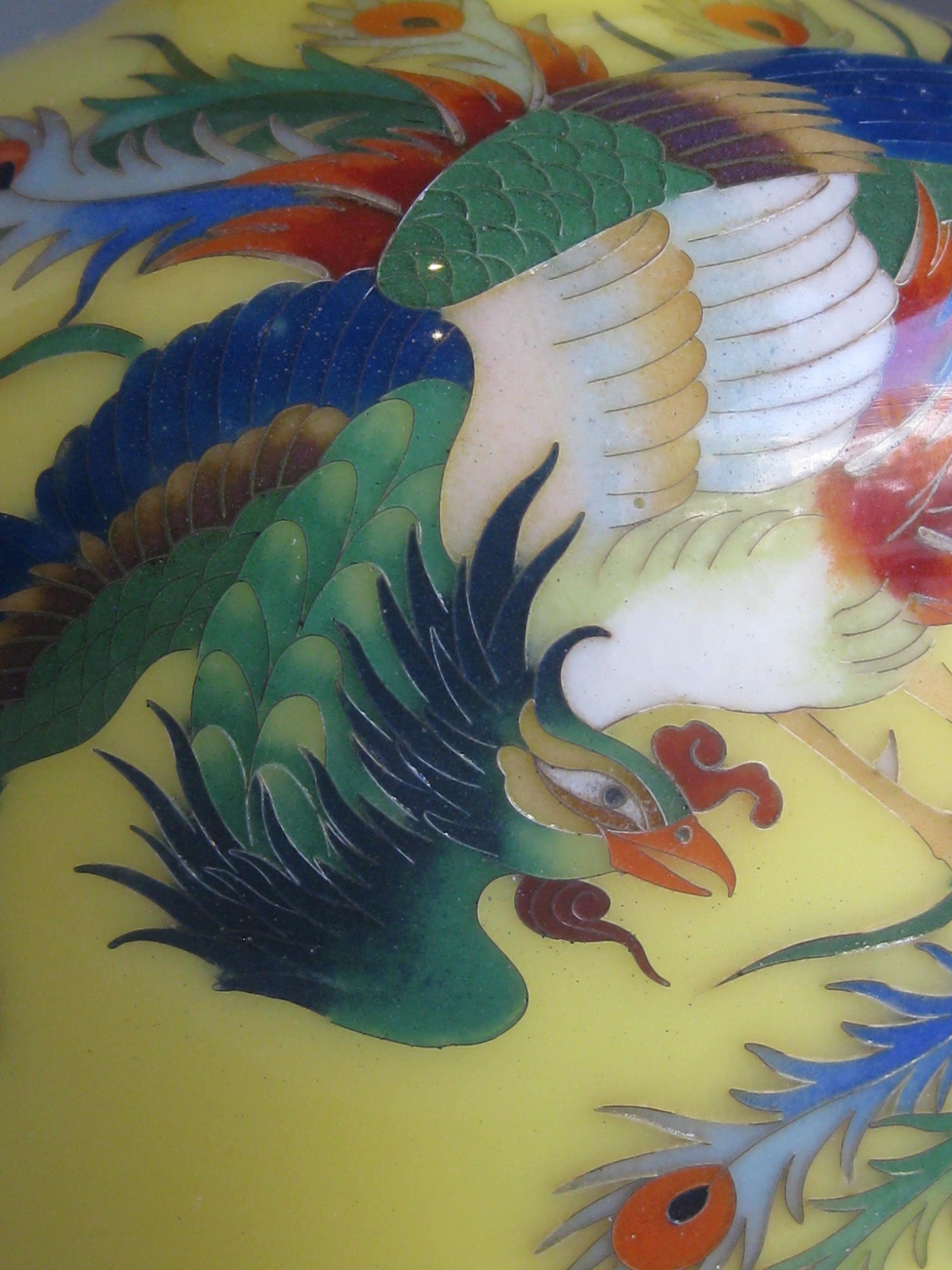 Antique Japanese Yellow Cloisonné Enamel Vase with Hoo-oo Bird Meiji Era 6