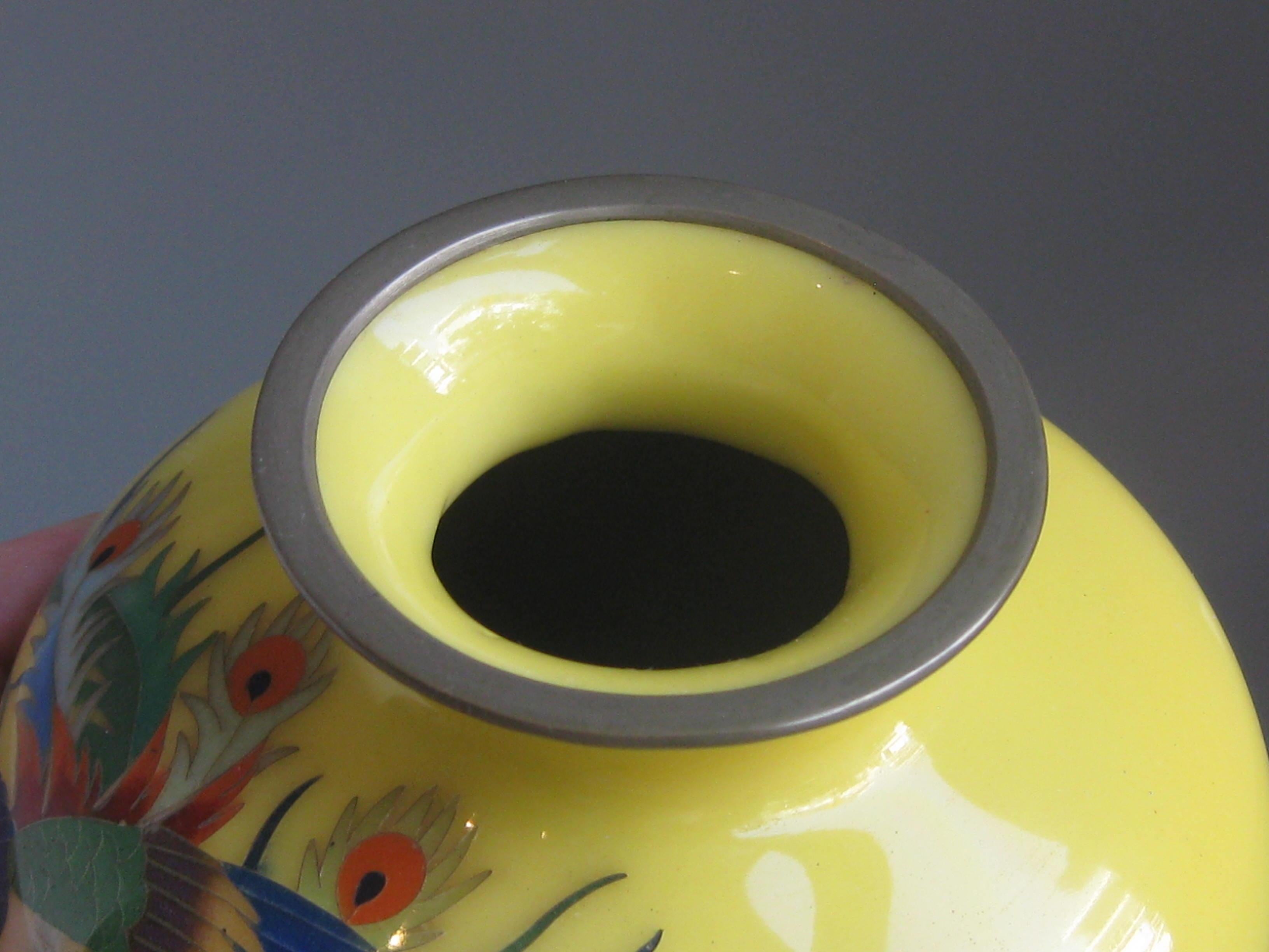 Antique Japanese Yellow Cloisonné Enamel Vase with Hoo-oo Bird Meiji Era 7