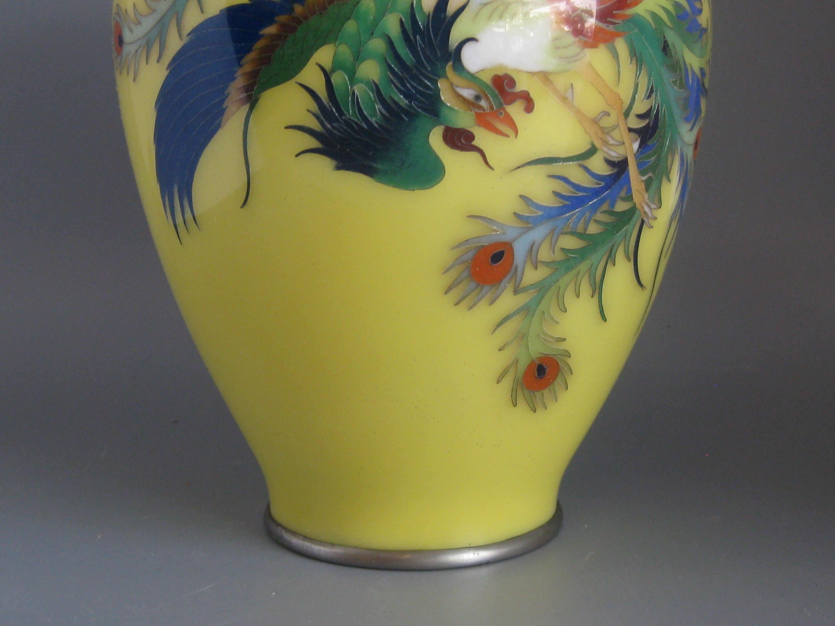 20th Century Antique Japanese Yellow Cloisonné Enamel Vase with Hoo-oo Bird Meiji Era