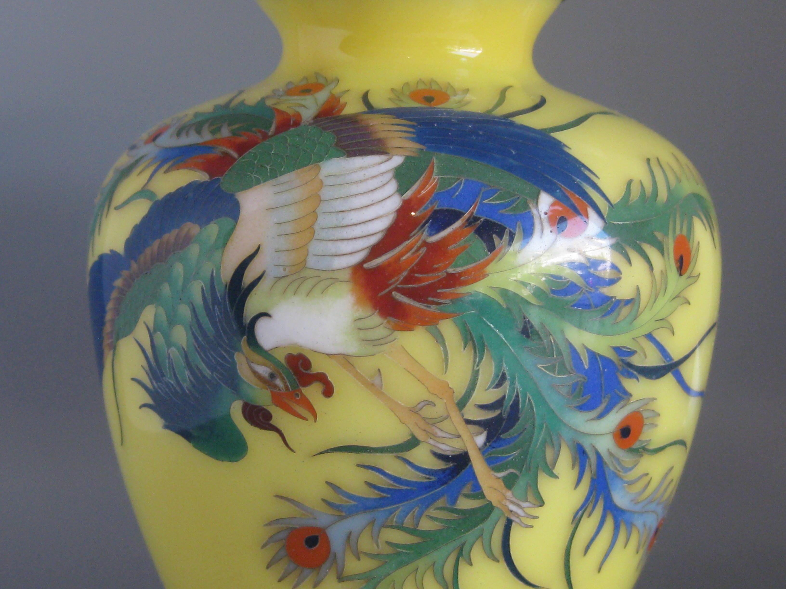 Antique Japanese Yellow Cloisonné Enamel Vase with Hoo-oo Bird Meiji Era 1