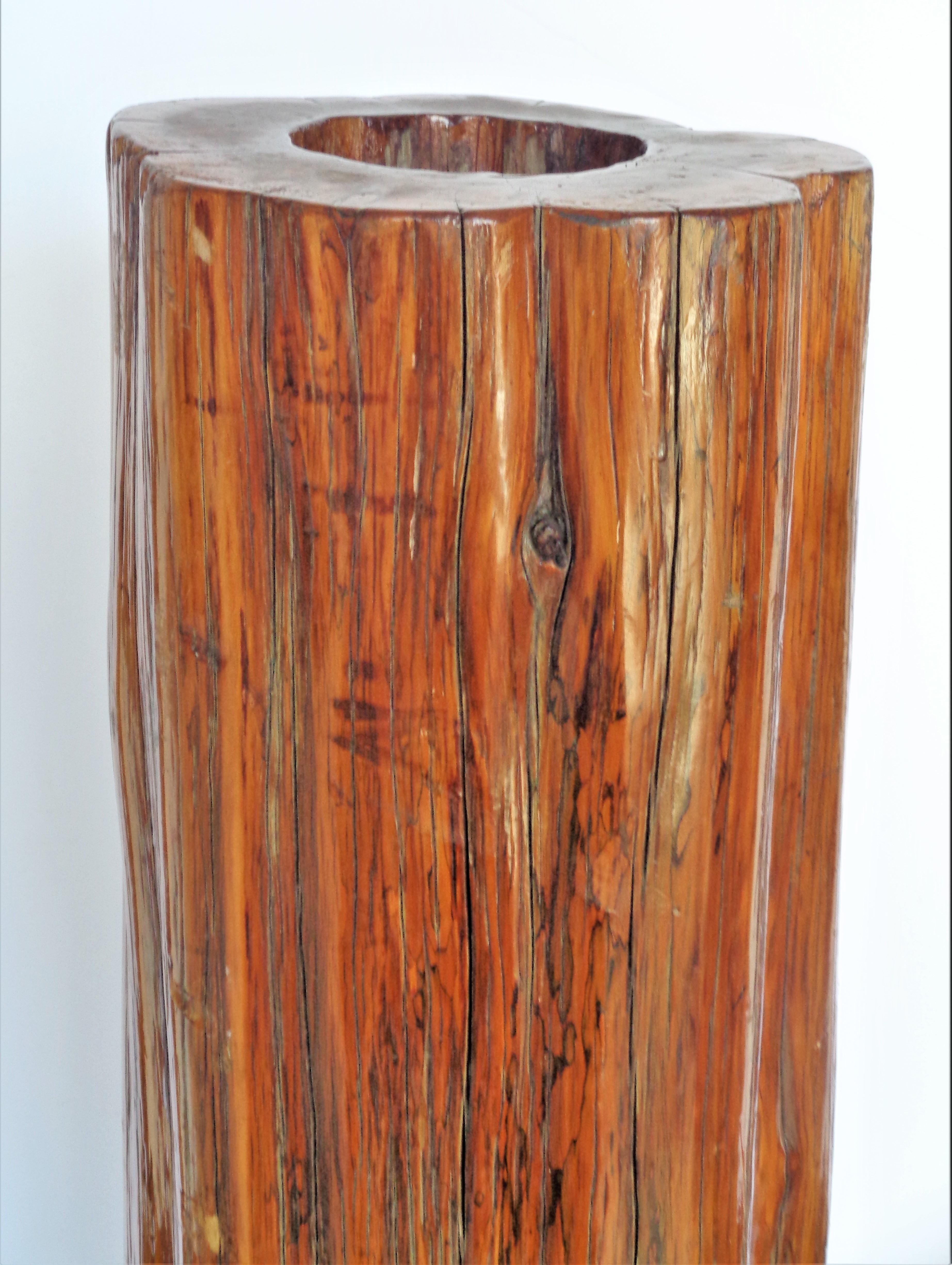 Antique Japanese tall ikebana vase / planter from a yew wood tree trunk with beautifully aged glowing surface color and great natural sculptural form. Dates from the late 19th century - early 20th century. Look at all pictures and read condition