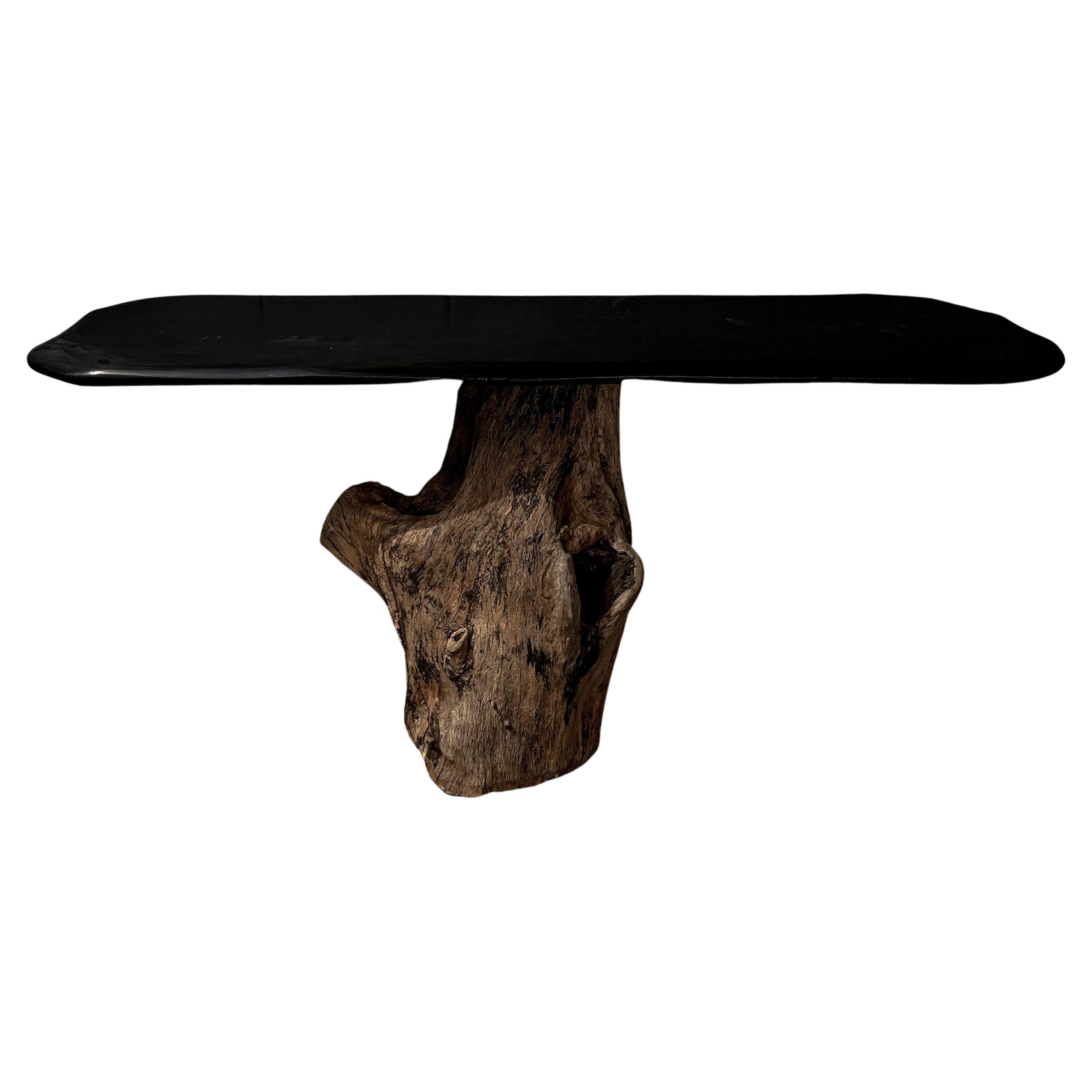 Antique Japanese Zelkova Base Console Table With Black Cashew Top For Sale