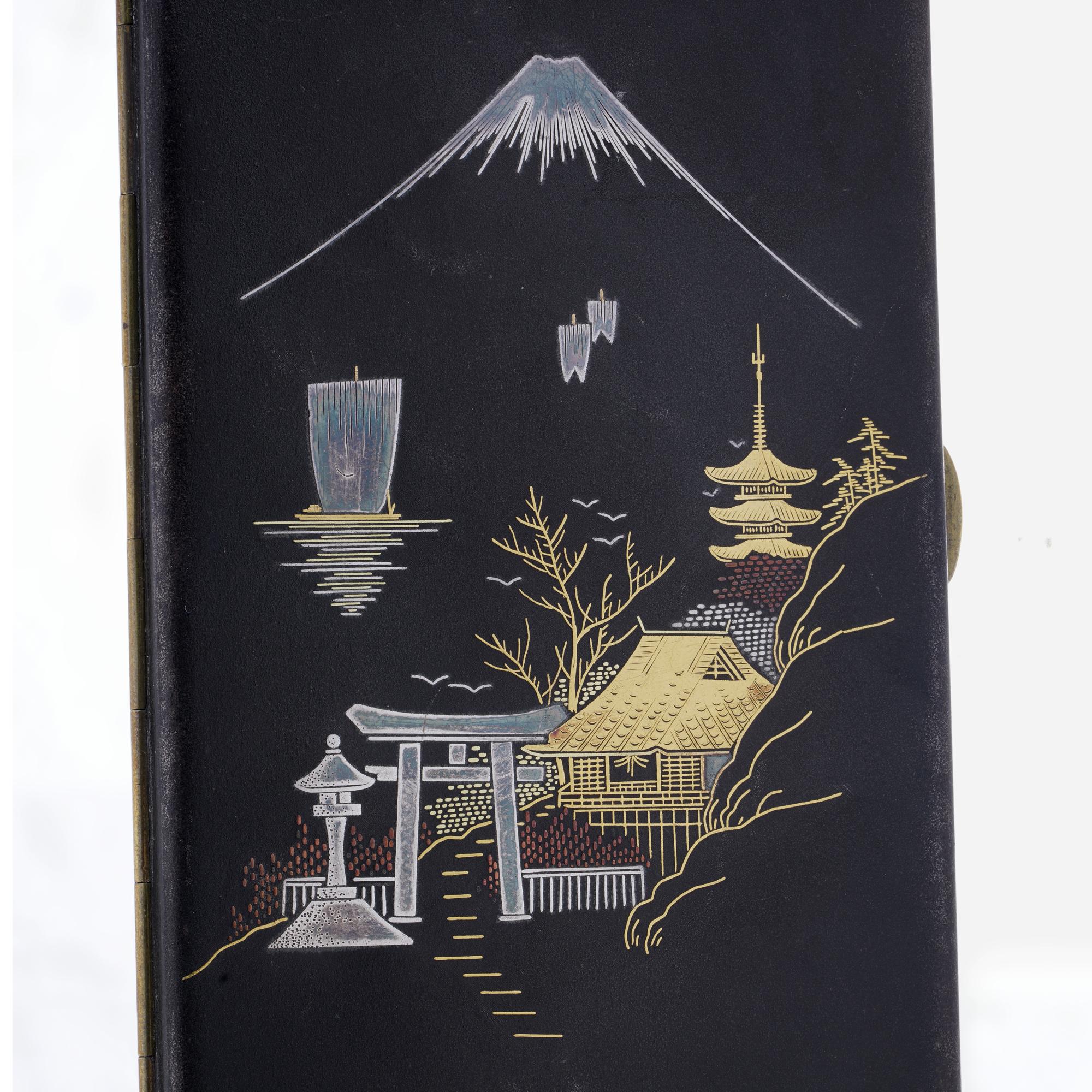 An elegant and finely crafted Japanese Komai-style damascene cigarette or card case, dating from the early 20th century (circa 1900–1940), featuring stunning 24‑karat gold and silver wire inlay against a rich black-lacquered steel base.

The front