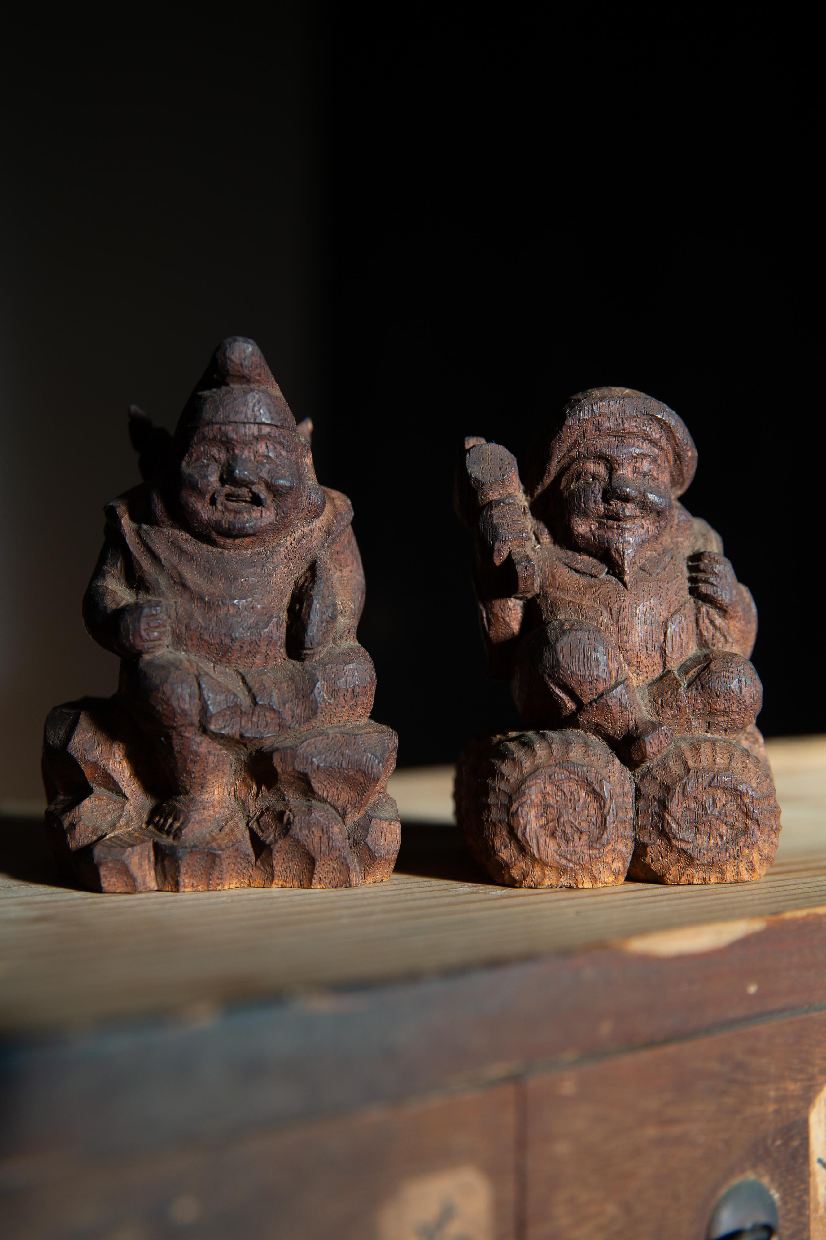 Antique Japanese Zushi mini shrine w/ Ebisu & Daikoku figurines wabi sabi mingei 3