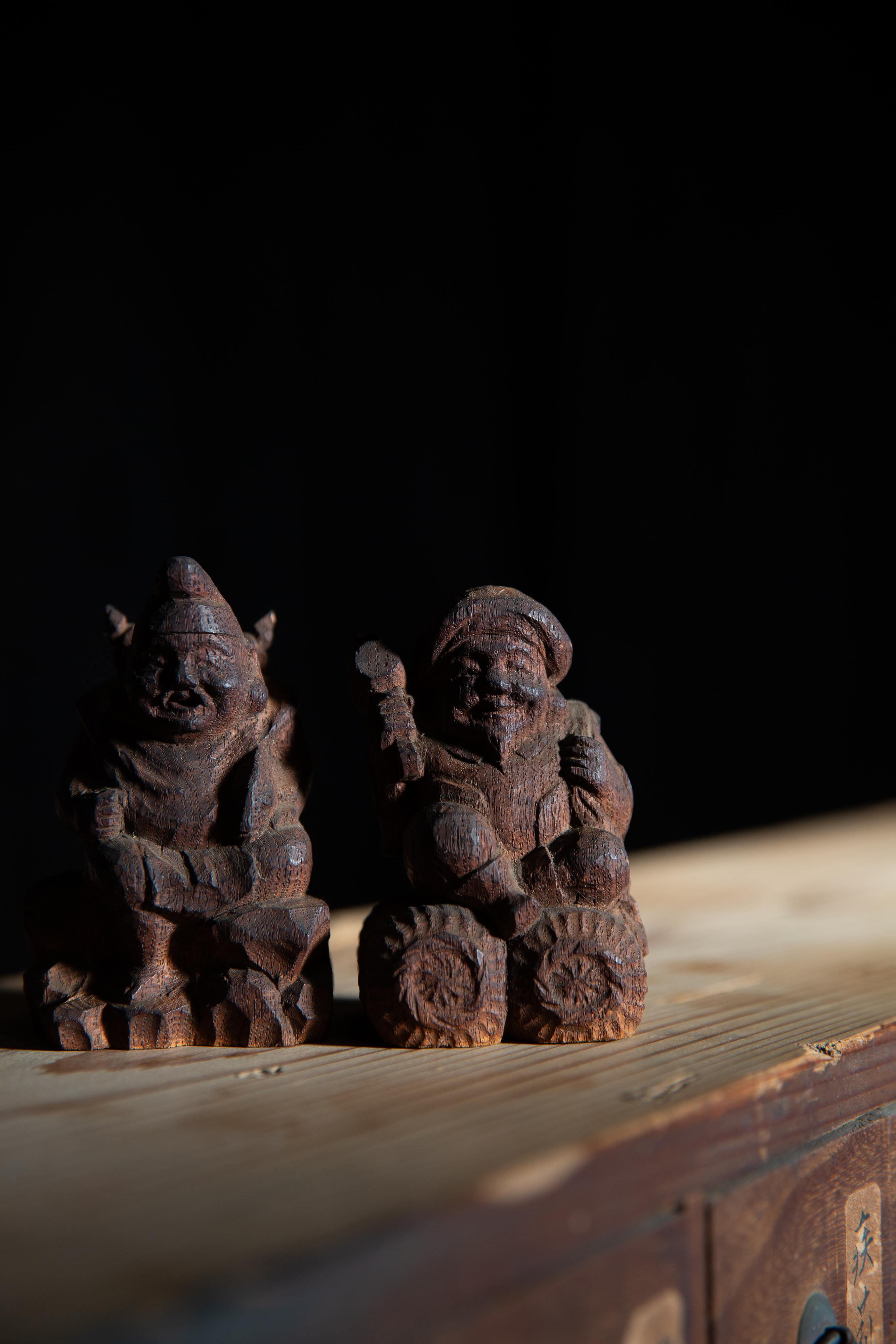 Antique Japanese Zushi mini shrine w/ Ebisu & Daikoku figurines wabi sabi mingei 8
