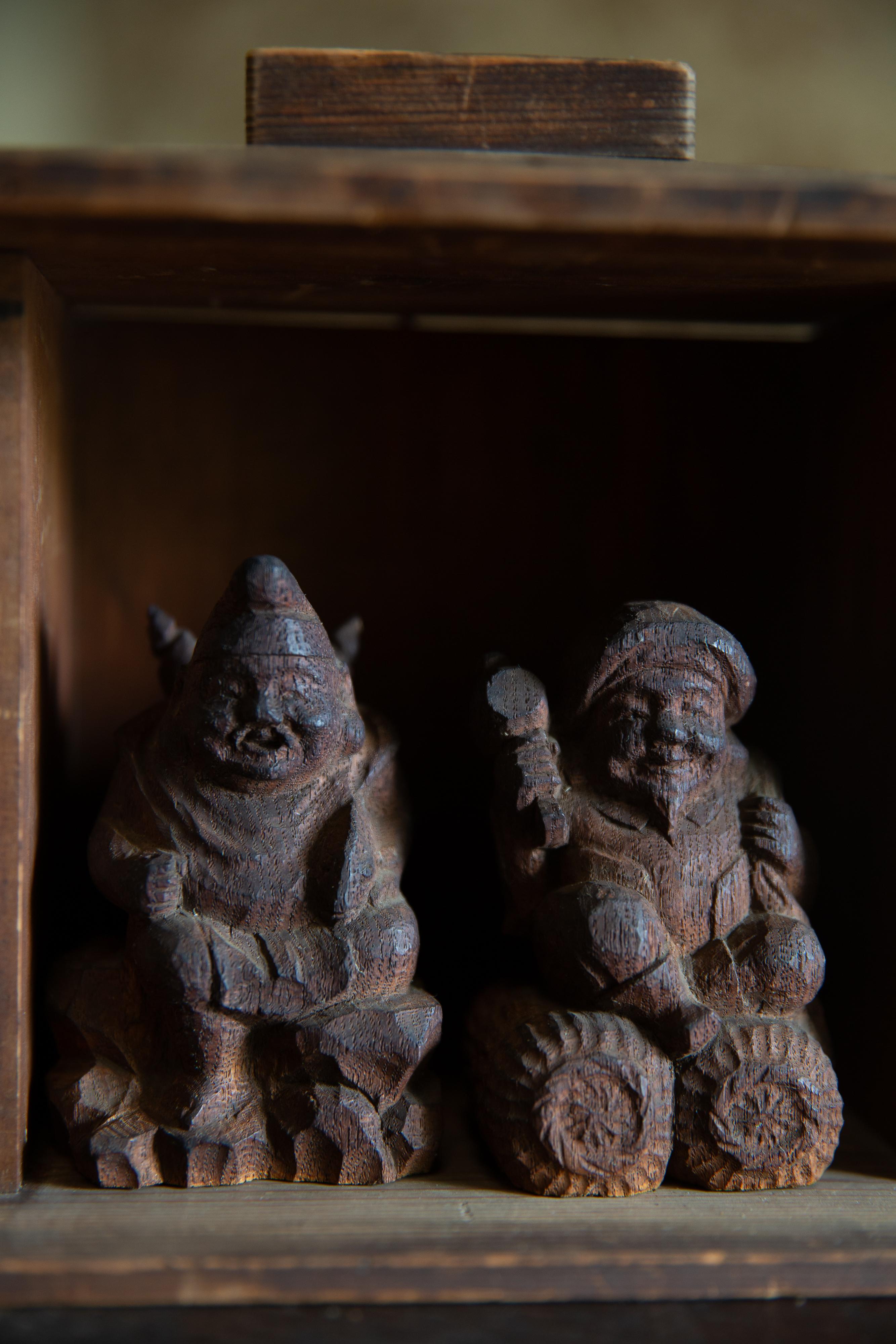 Primitive Antique Japanese Zushi mini shrine w/ Ebisu & Daikoku figurines wabi sabi mingei