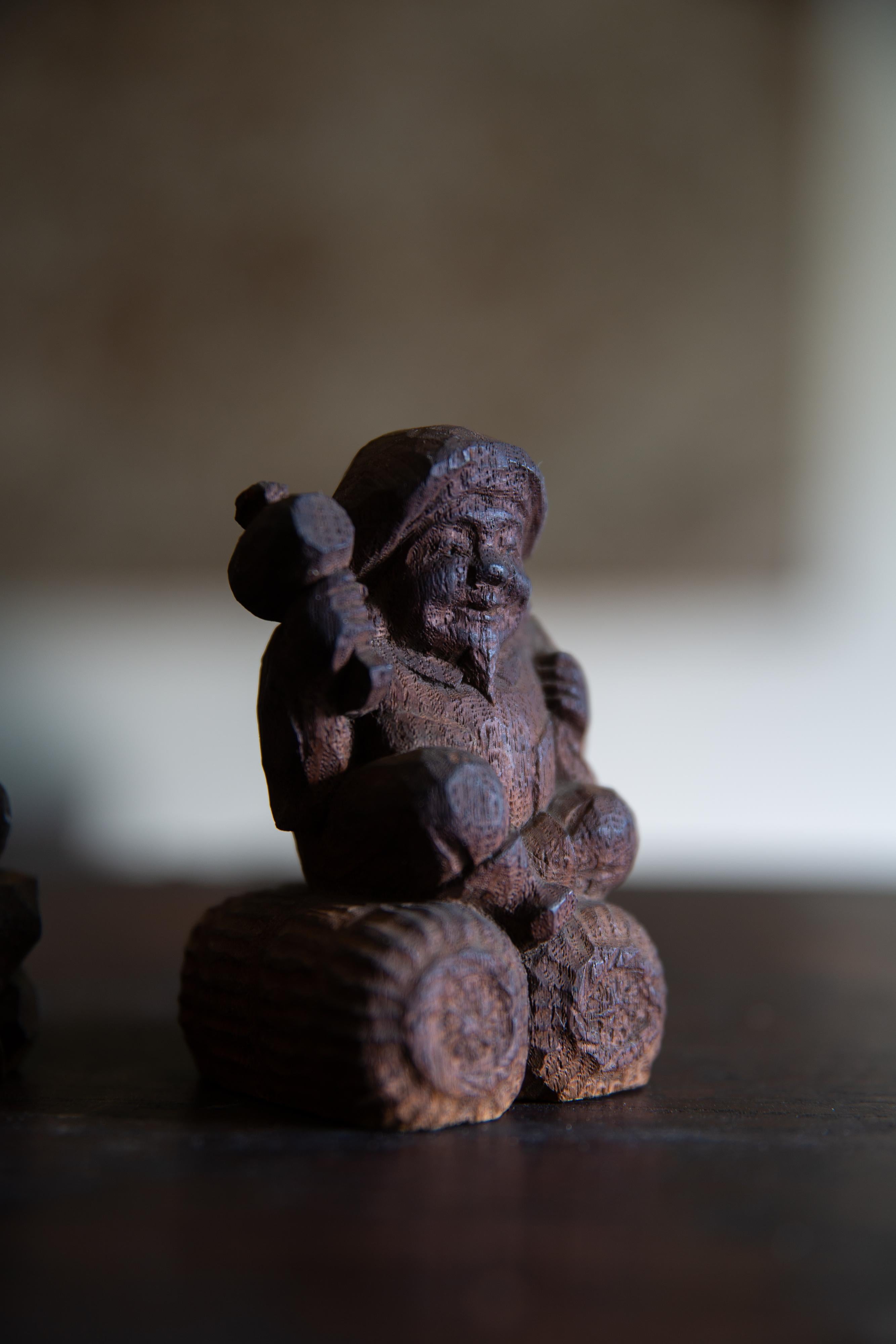 Hand-Carved Antique Japanese Zushi mini shrine w/ Ebisu & Daikoku figurines wabi sabi mingei
