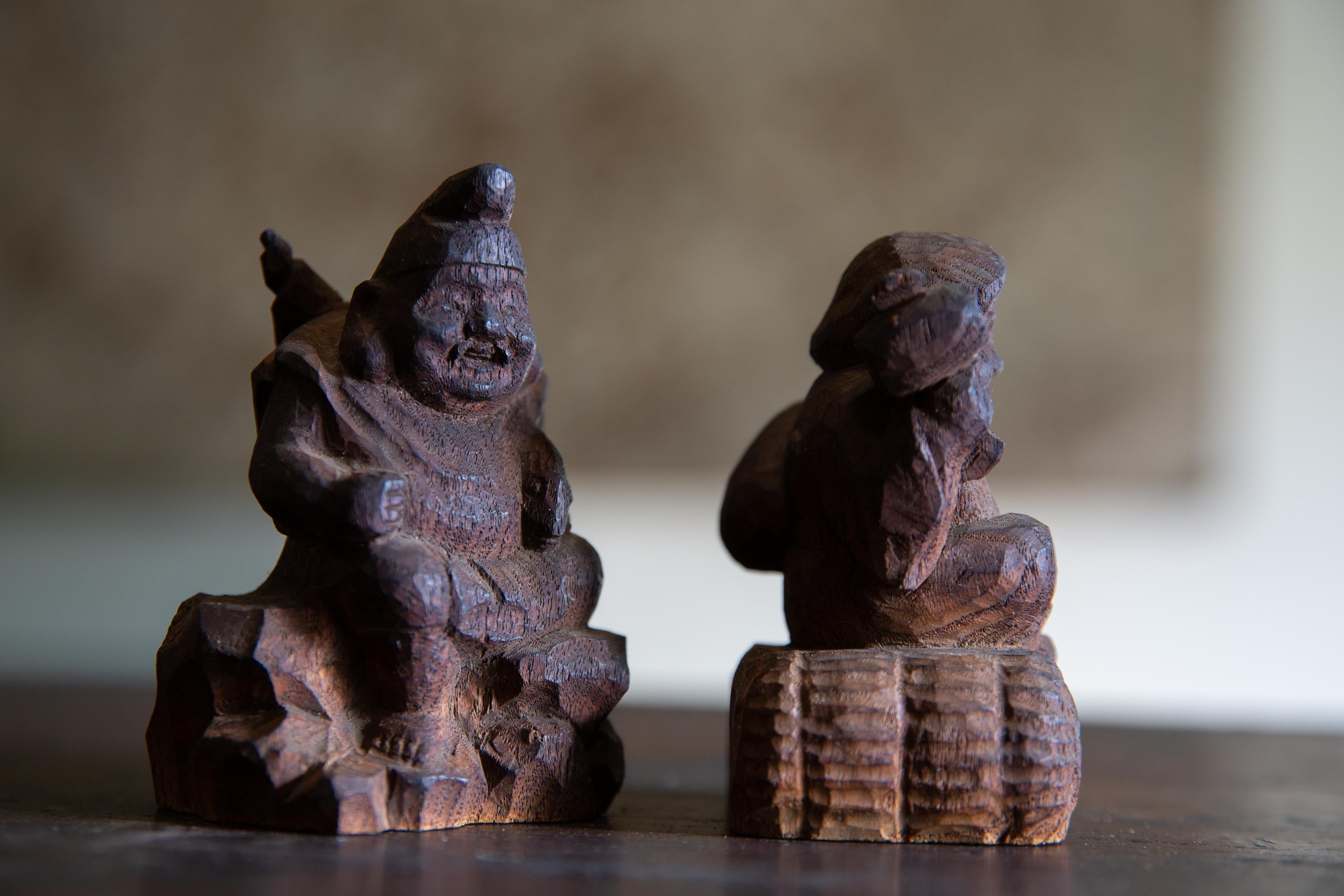 Wood Antique Japanese Zushi mini shrine w/ Ebisu & Daikoku figurines wabi sabi mingei