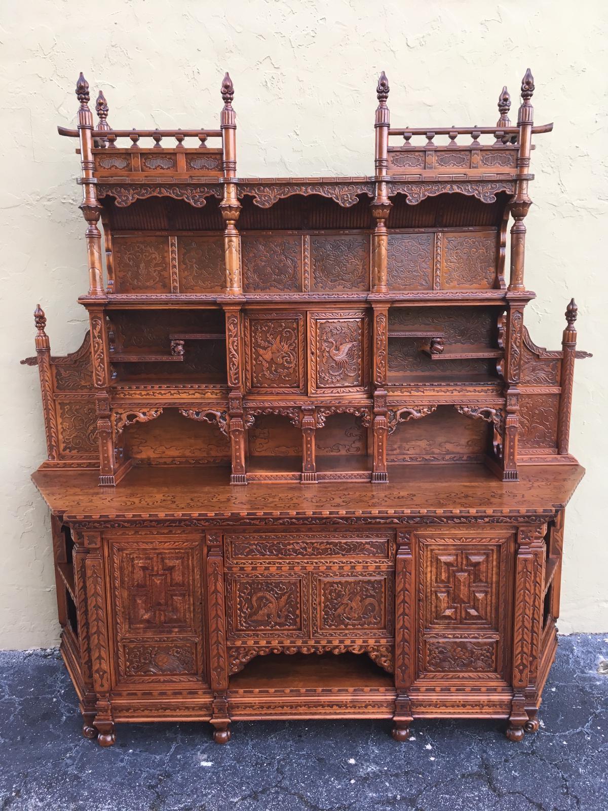 Monumental antique hand carved elmwood cabinet. Sideboard, 20th century.