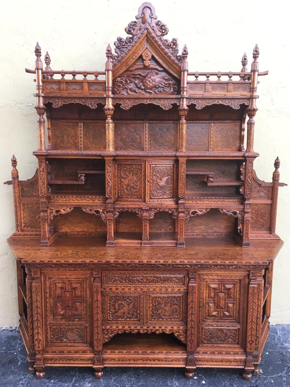 Monumental antique hand-carved elmwood cabinet. Sideboard, 20th century.
