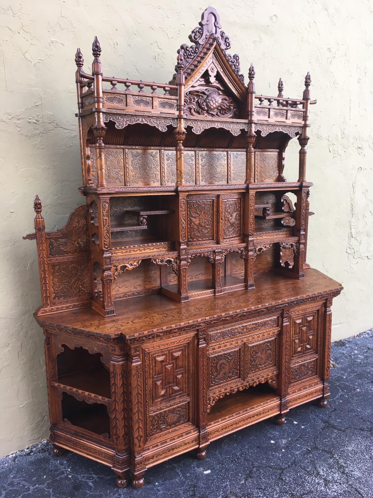 Antique Japanesse Hand-Carved Elmwood Cabinet, Sideboard, Meiji, 20th Century In Good Condition For Sale In Miami, FL