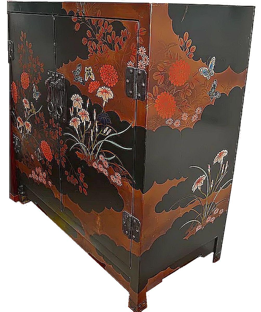 British Antique Japanned Black Cabinet with Flora and Butterfly Decoration c.1920