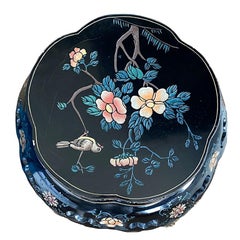 Antique Japanned Black Carved Wooden Stool with Floral and Bird Motif