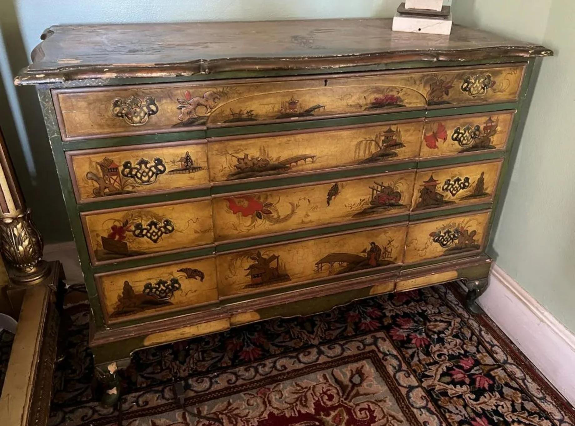 Antique Japanned Chinoiserie Queen Anne Bureau From Historic Edgecroft Mansion For Sale 12