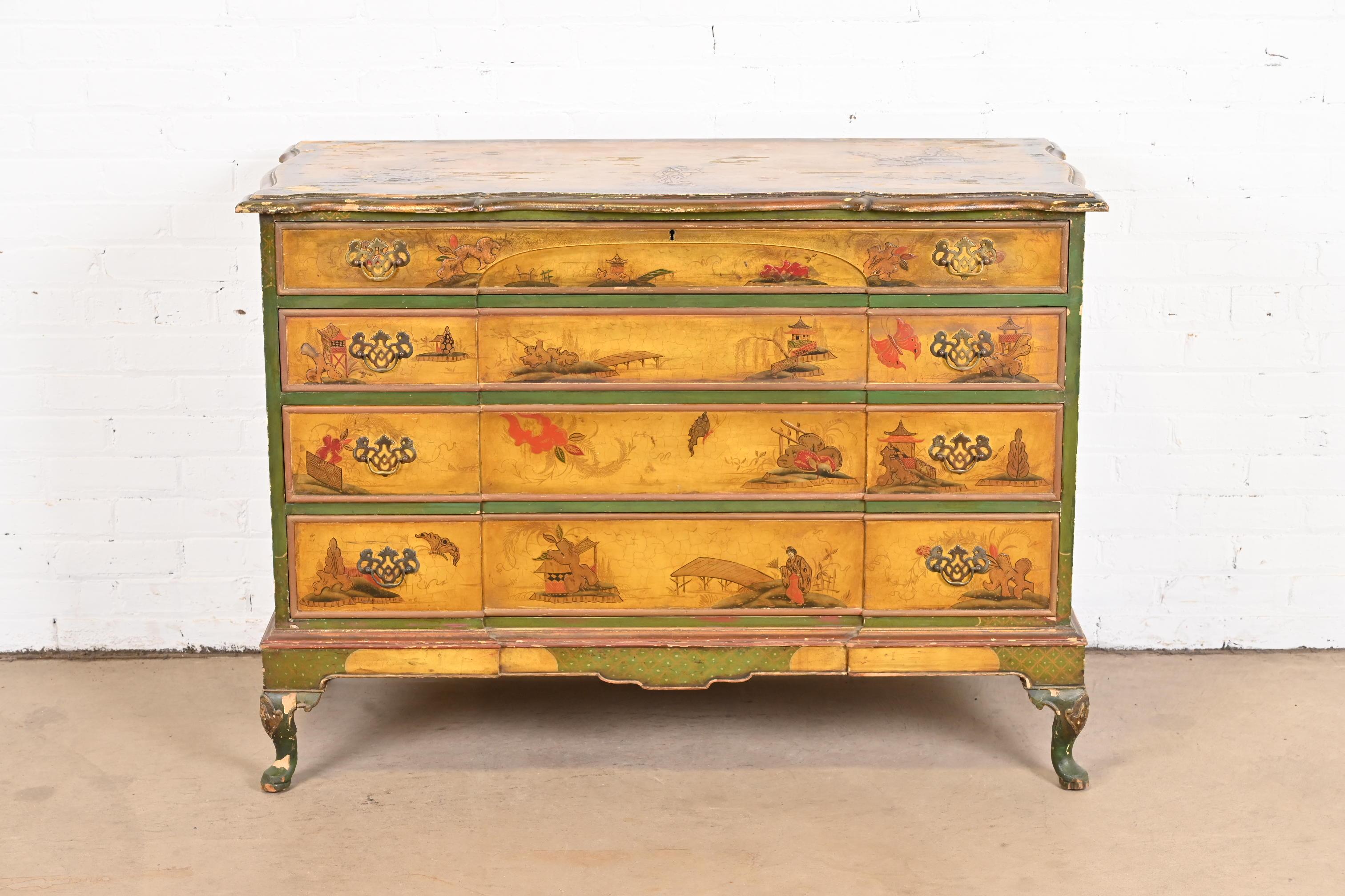 Antique Japanned Chinoiserie Queen Anne Bureau From Historic Edgecroft Mansion In Fair Condition For Sale In South Bend, IN