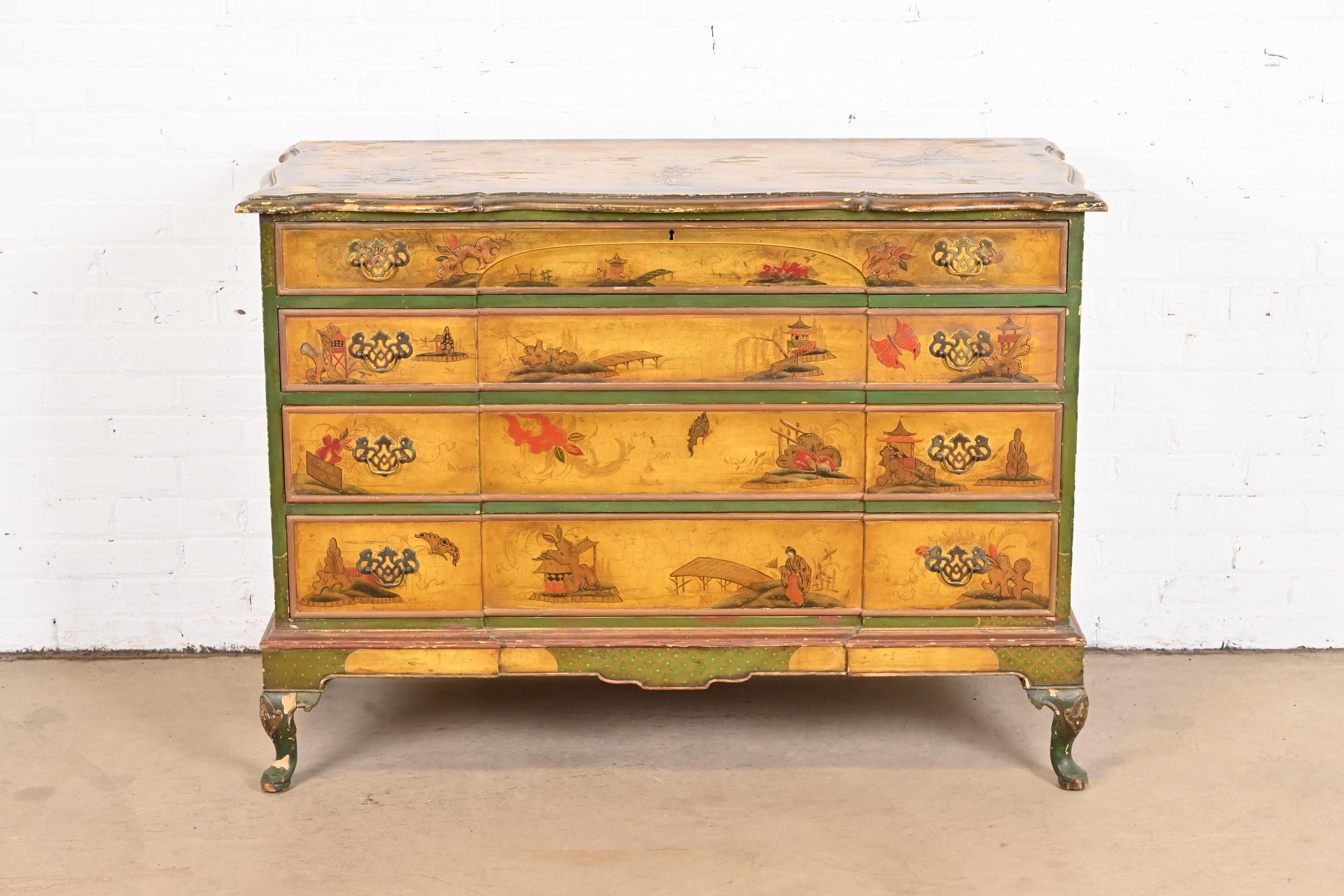 Antique Japanned Chinoiserie Queen Anne Bureau From Historic Edgecroft Mansion In Fair Condition In South Bend, IN