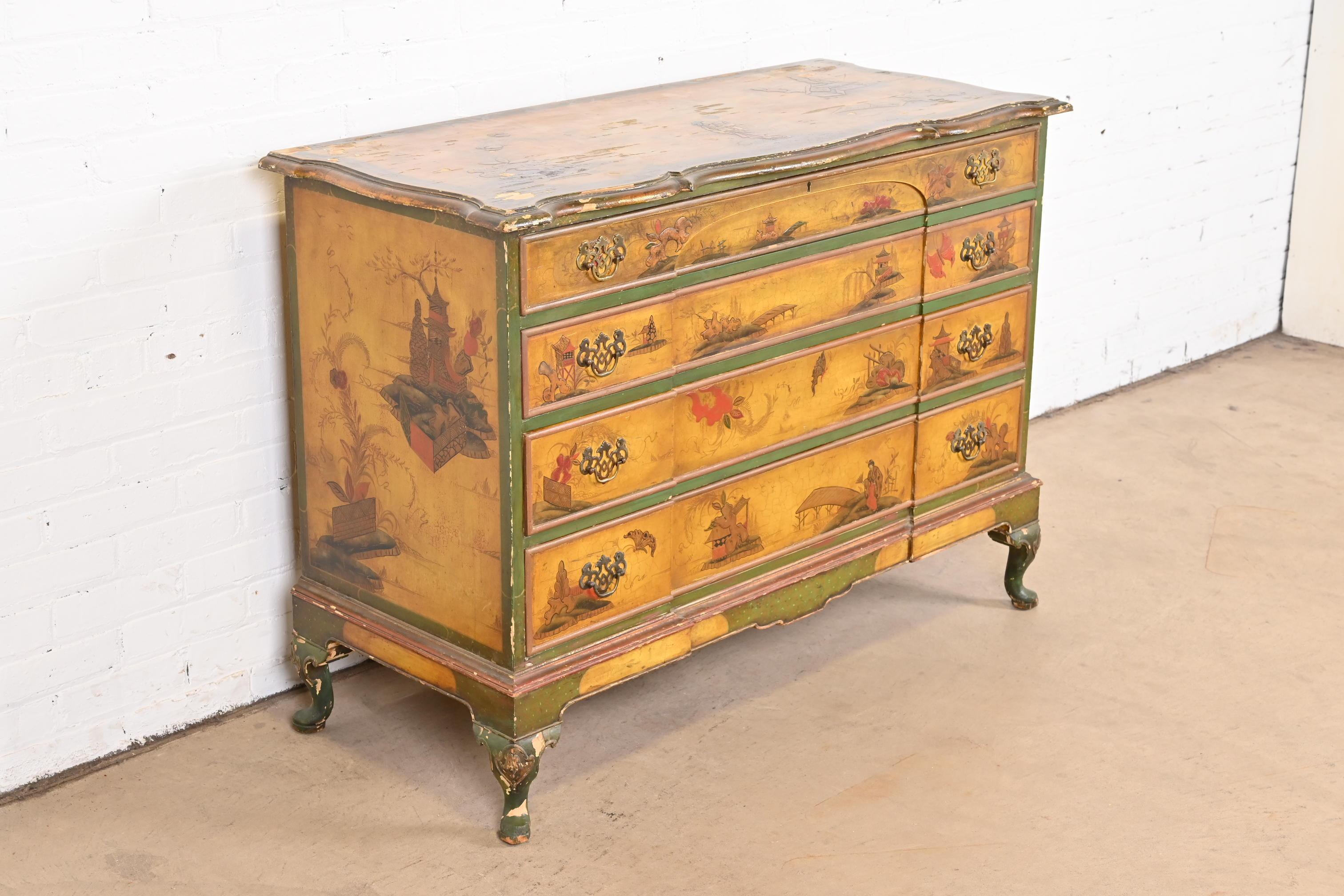 Brass Antique Japanned Chinoiserie Queen Anne Bureau From Historic Edgecroft Mansion For Sale