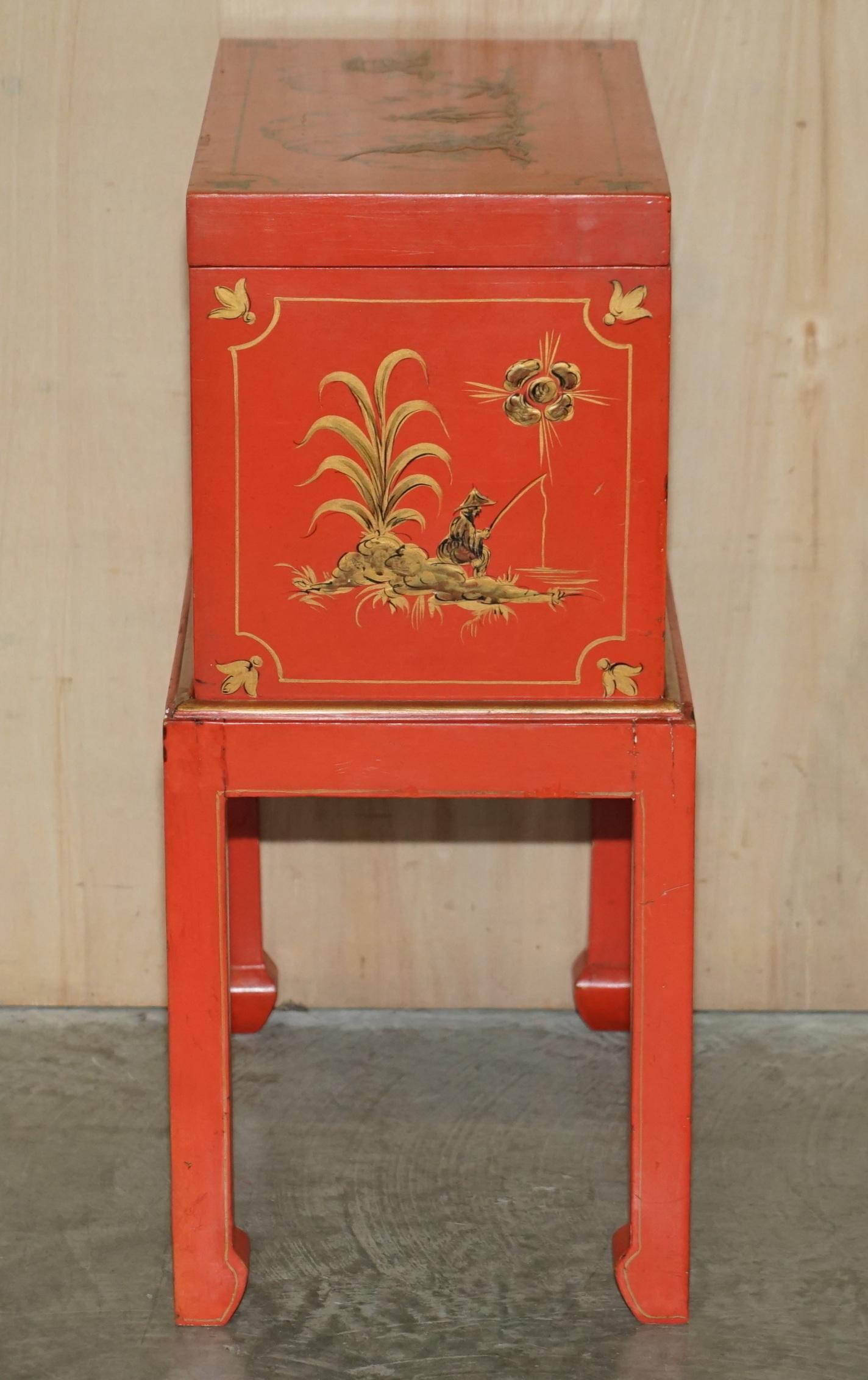 Antique Japanned Oriental Side Table Chest on Stand Hand Painted and Lacquered For Sale 9
