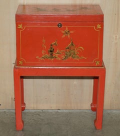 Antique Japanned Oriental Side Table Chest on Stand Hand Painted and Lacquered