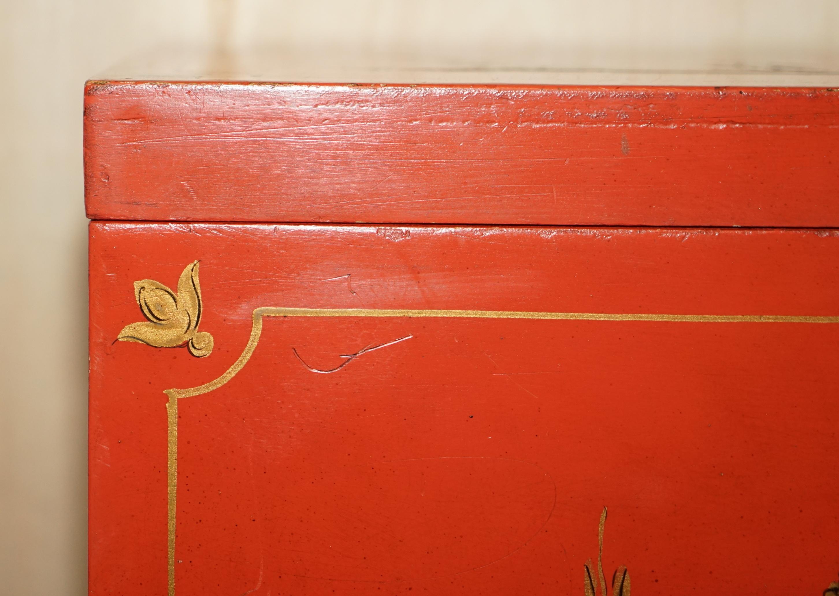 Japanese Antique Japanned Oriental Side Table Chest on Stand Hand Painted and Lacquered For Sale