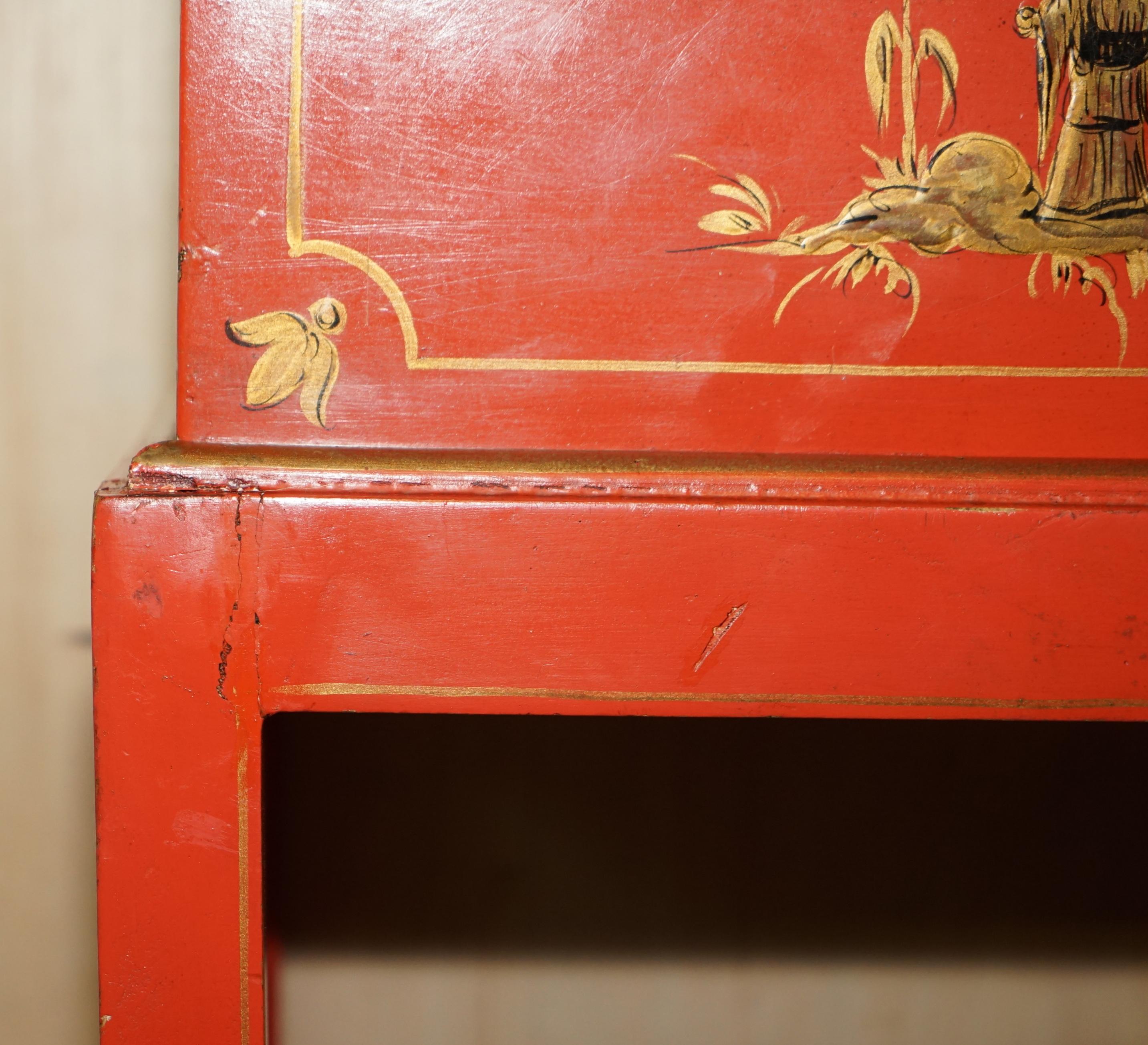 Wood Antique Japanned Oriental Side Table Chest on Stand Hand Painted and Lacquered For Sale
