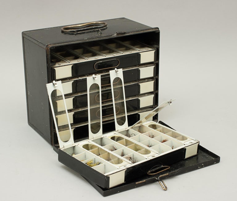 Antique Japanned Tin Fishing Fly Box with Lift Out Compartments with