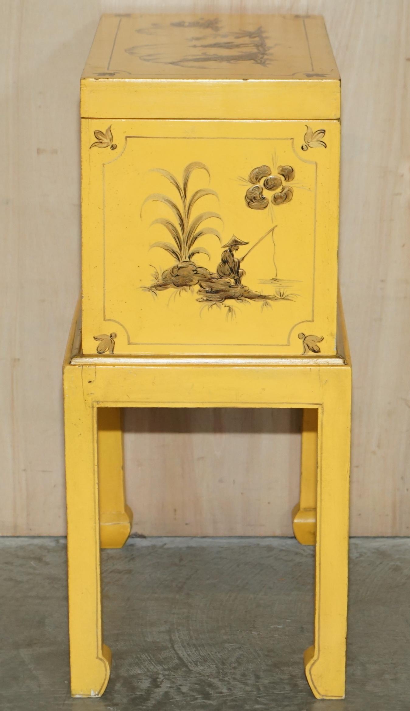 Antique Japanned Yellow Oriental Side Chest on Stand Hand Painted & Lacquered For Sale 6