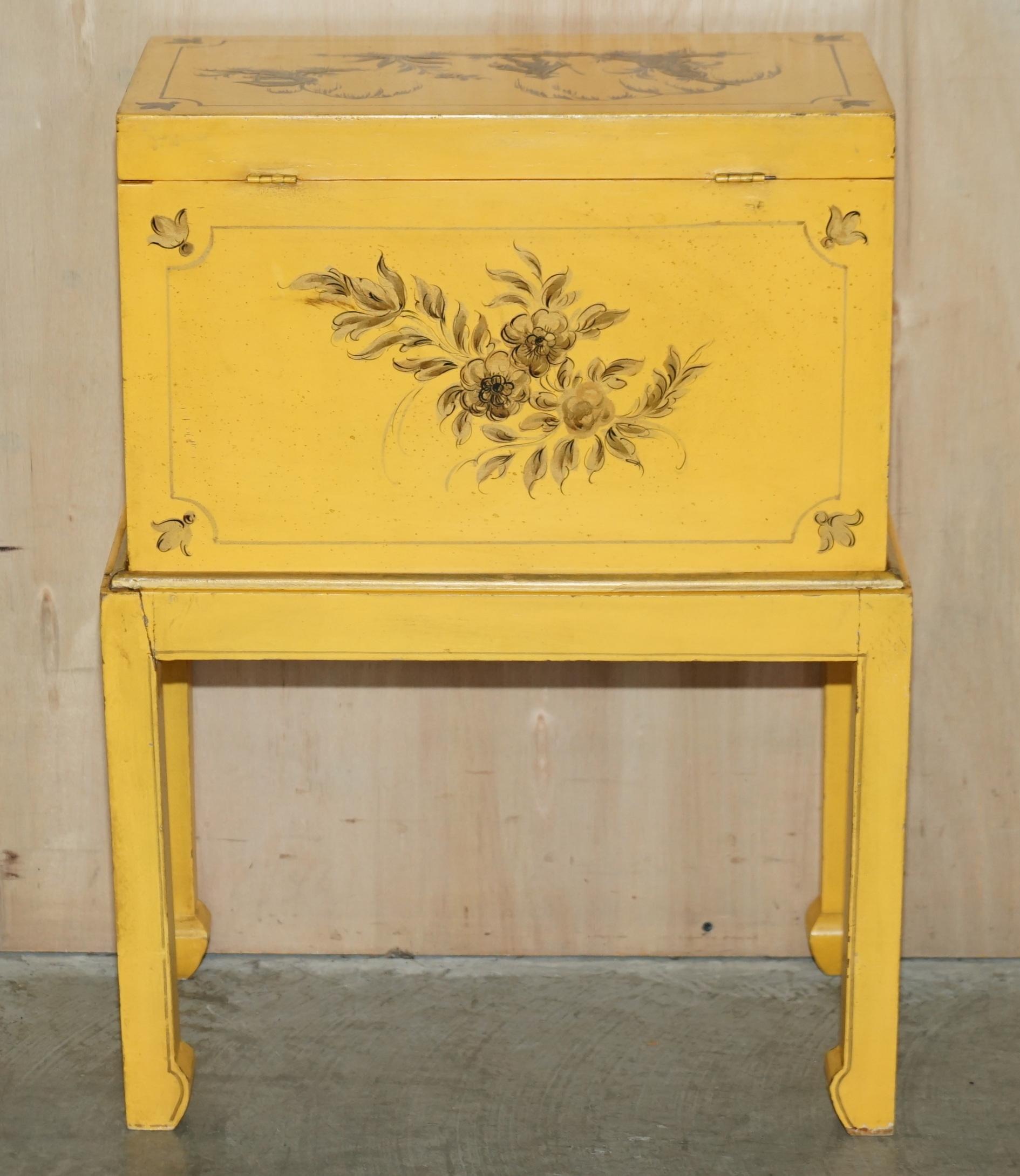 Antique Japanned Yellow Oriental Side Chest on Stand Hand Painted & Lacquered For Sale 7