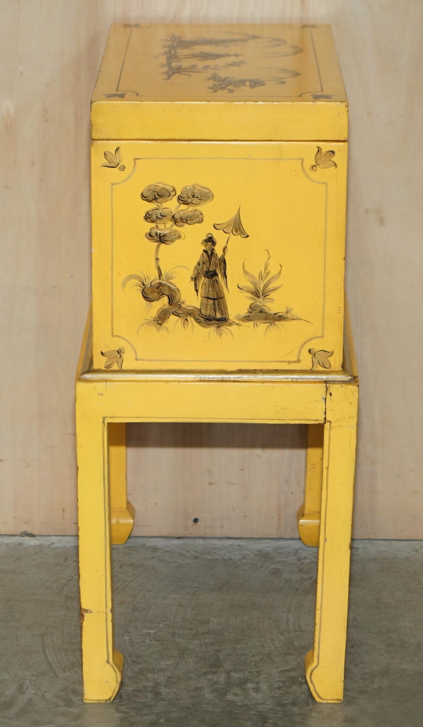 Antike japanische orientalische Beistelltruhe auf Ständer, handbemalt und lackiert, gelb im Angebot 7