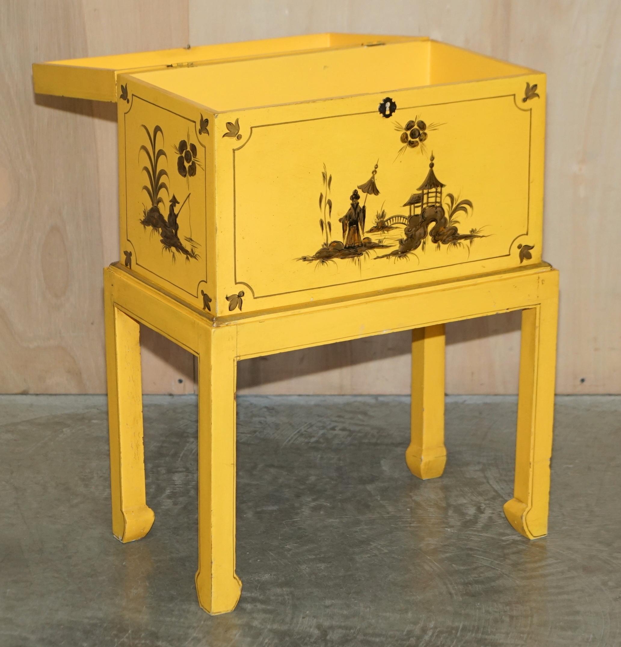 Antique Japanned Yellow Oriental Side Chest on Stand Hand Painted & Lacquered For Sale 9