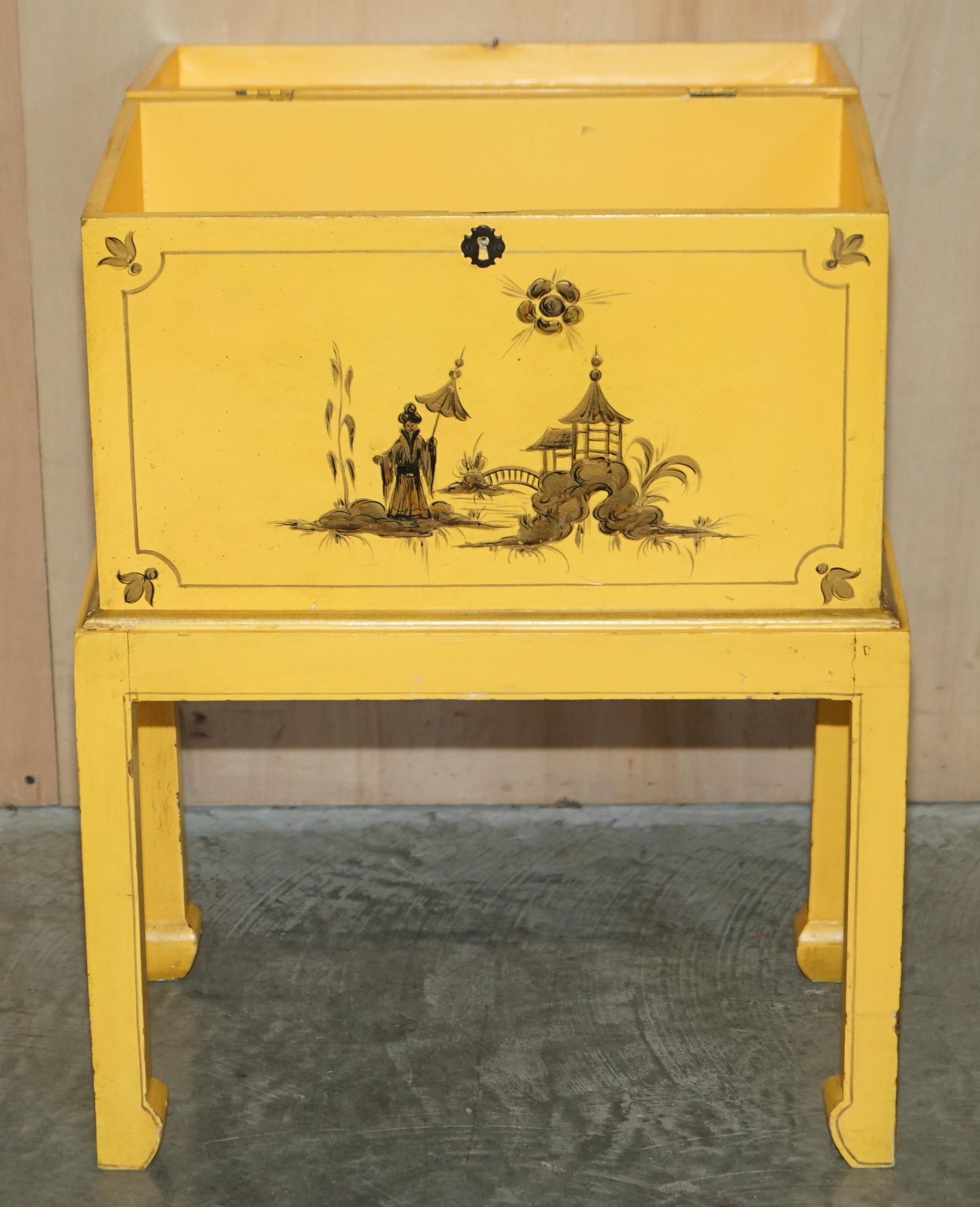 Antique Japanned Yellow Oriental Side Chest on Stand Hand Painted & Lacquered For Sale 10
