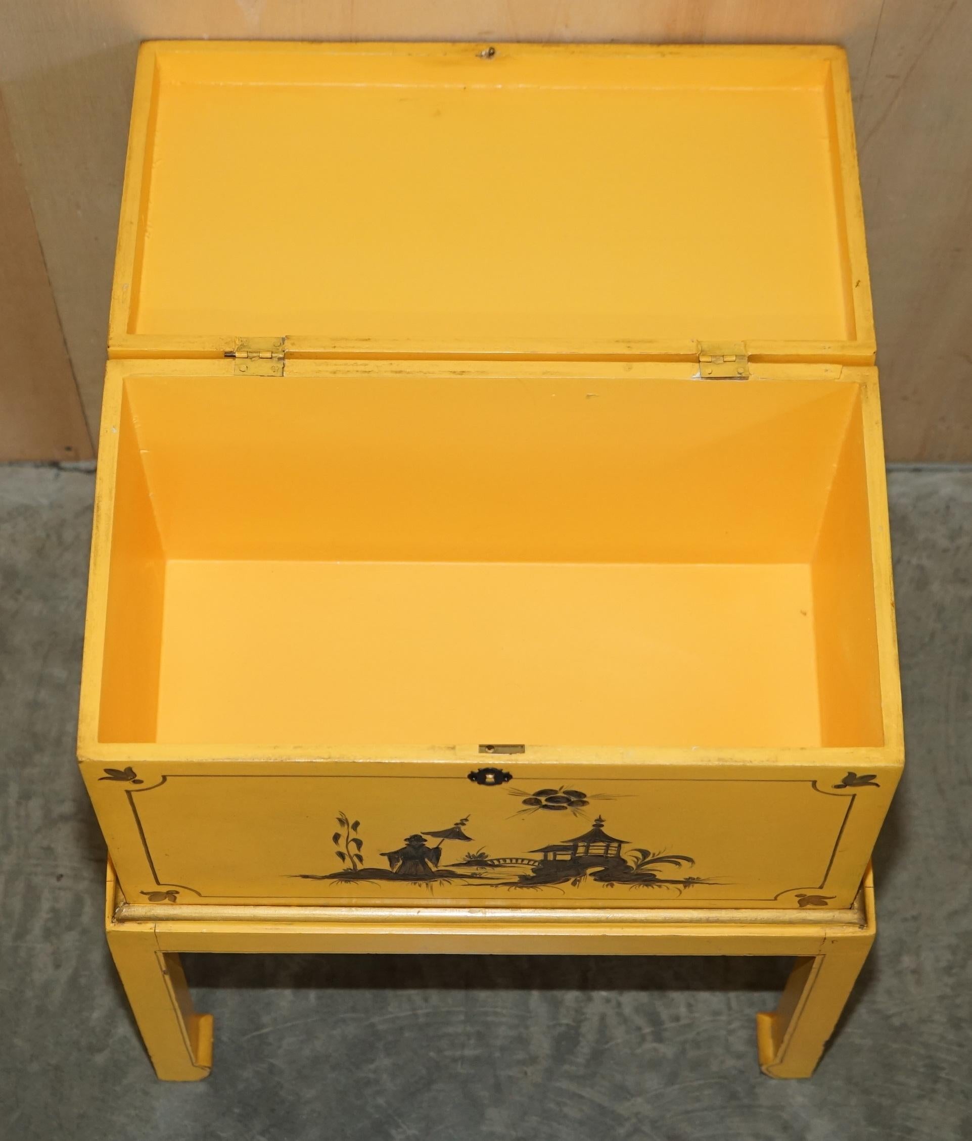 Antique Japanned Yellow Oriental Side Chest on Stand Hand Painted & Lacquered For Sale 11