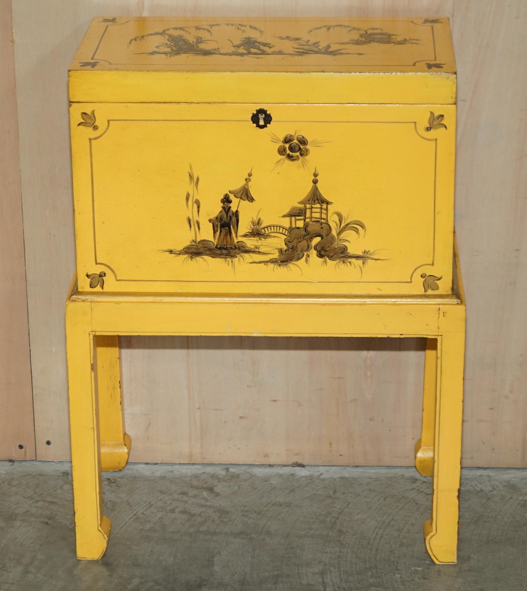 We are delighted to offer for sale this lovely vintage circa 1920's hand painted yellow and lacquered Jappaned chest on stand 

A very good looking and well made piece, I have another of these exactly the same listed under my other items in red.