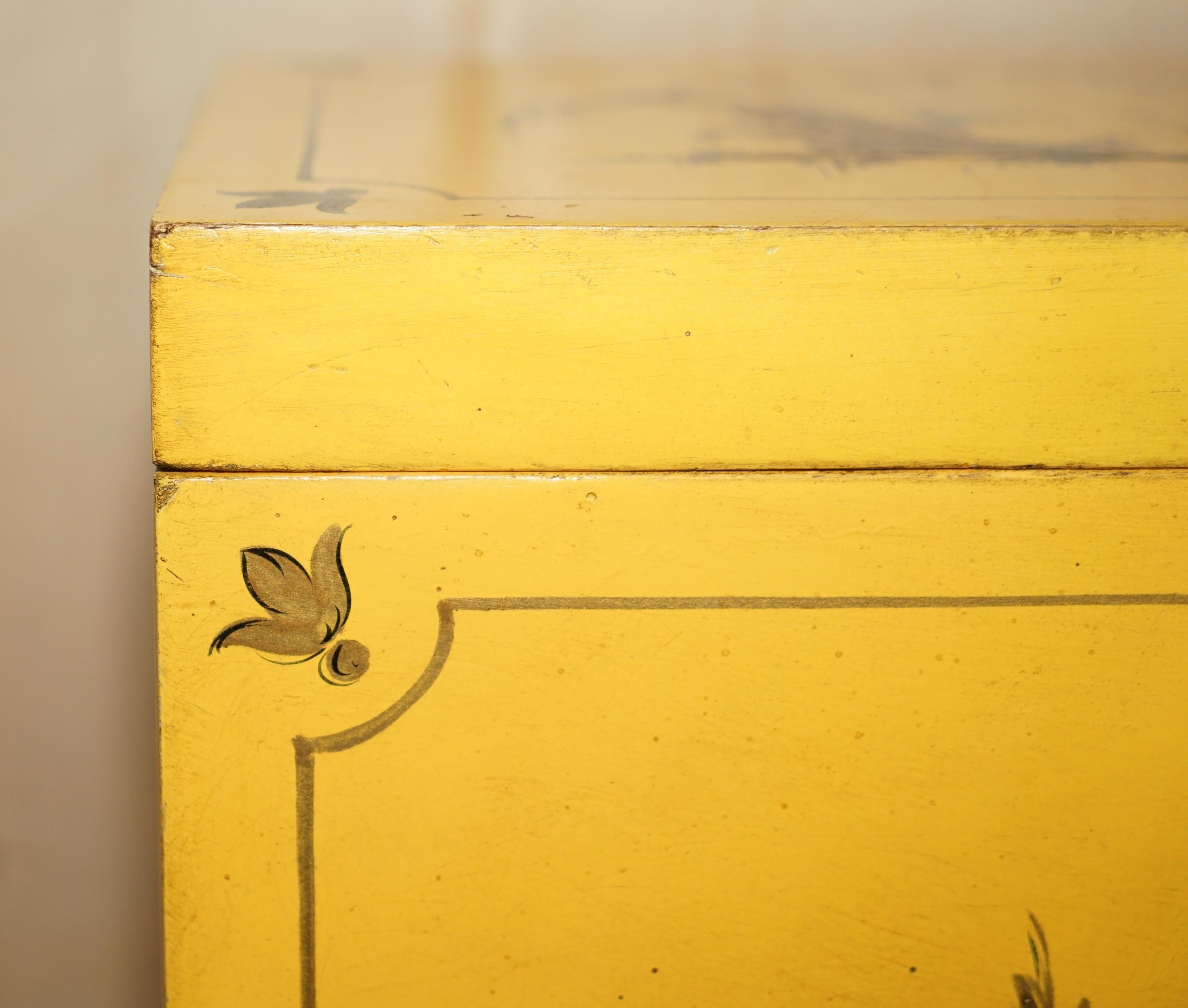 Japanese Antique Japanned Yellow Oriental Side Chest on Stand Hand Painted & Lacquered For Sale