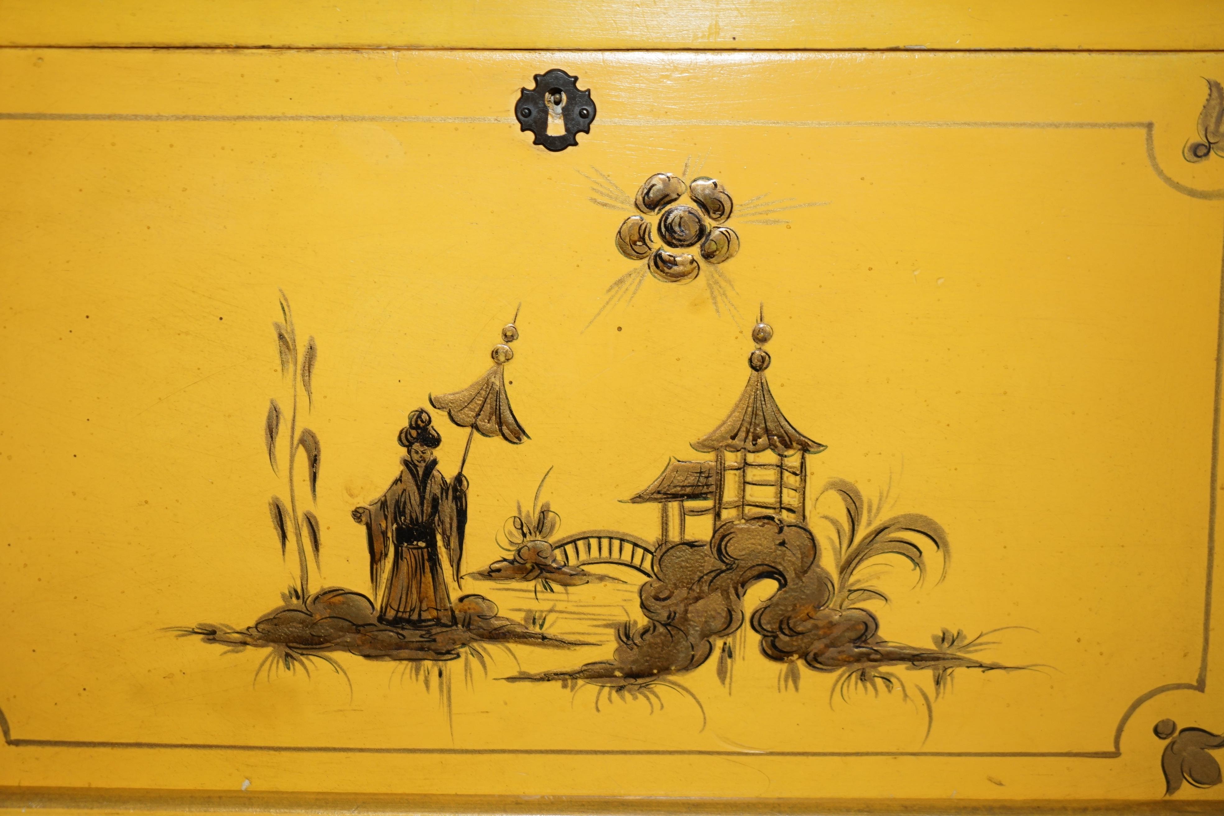 Wood Antique Japanned Yellow Oriental Side Chest on Stand Hand Painted & Lacquered For Sale
