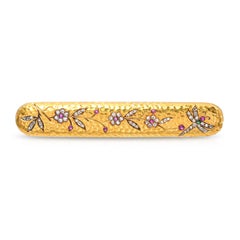 Antique Japonisme 21K Yellow Gold Ruby and Diamond Dragonfly Bar Brooch