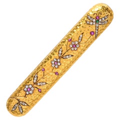Antique Japonisme 21K Yellow Gold Ruby and Diamond Dragonfly Bar Brooch
