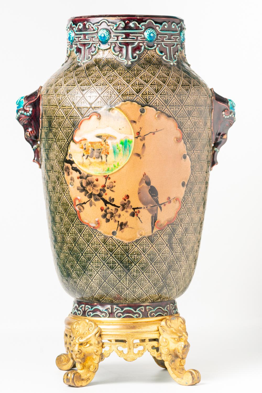 Antique Japonisme Ceramic And Ormolu Vase By Jules Vieillard & Co, Bordeaux In Good Condition For Sale In Portland, England