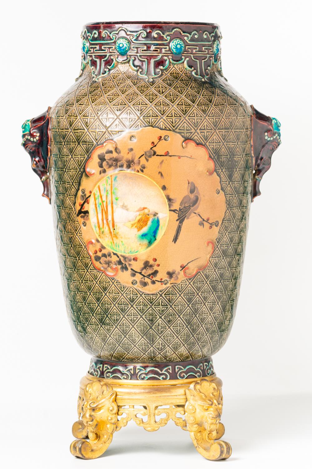 Women's or Men's Antique Japonisme Ceramic And Ormolu Vase By Jules Vieillard & Co, Bordeaux For Sale