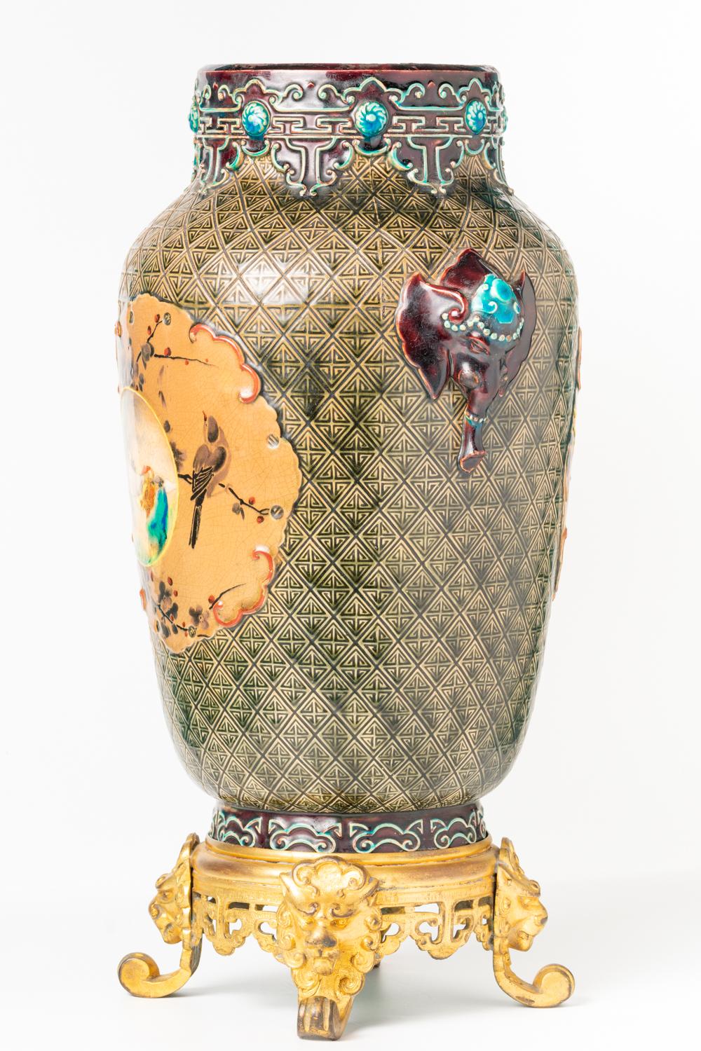 Antique Japonisme Ceramic And Ormolu Vase By Jules Vieillard & Co, Bordeaux For Sale 1